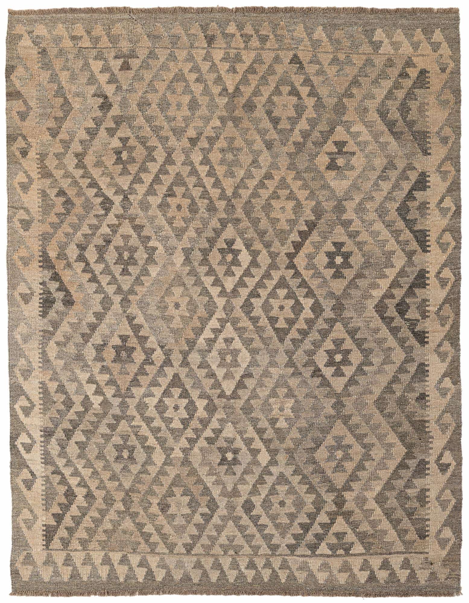 A 5x7 rectangular Kilim Maymana rug featuring a tribal geometric pattern in varying shades of gray and silver.