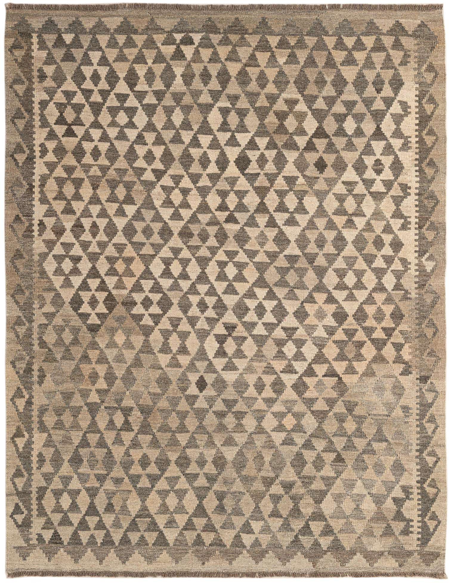 A 5x7 rectangular Kilim Maymana rug featuring a tribal geometric pattern in varying shades of gray and silver, suitable for an indoor living space.