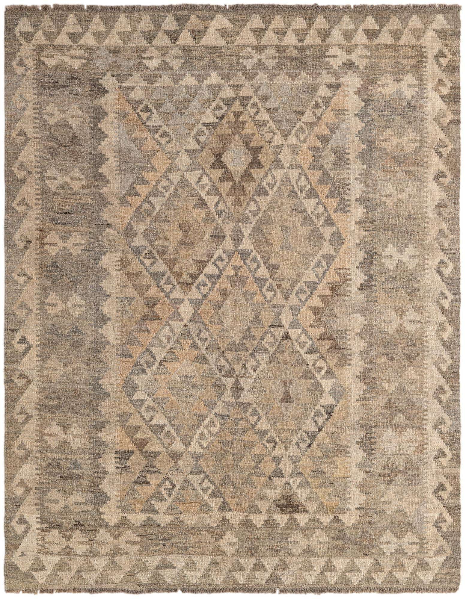 A 5x7 rectangular gray wool flatweave rug with a tribal geometric pattern in varying shades of gray, silver, and beige.