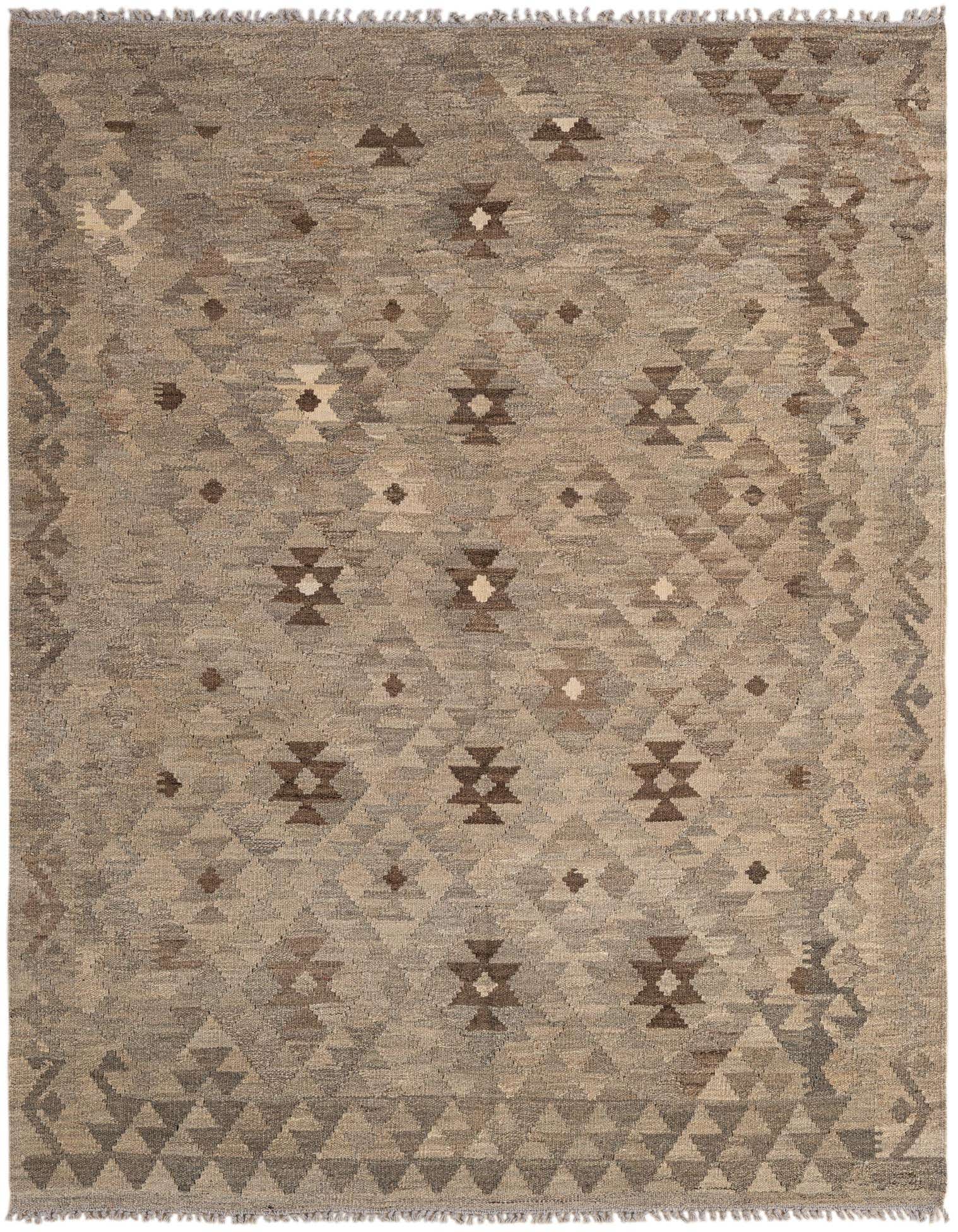A 5x7 rectangular gray wool flatweave rug with a tribal geometric pattern in varying shades of gray, brown, and cream.
