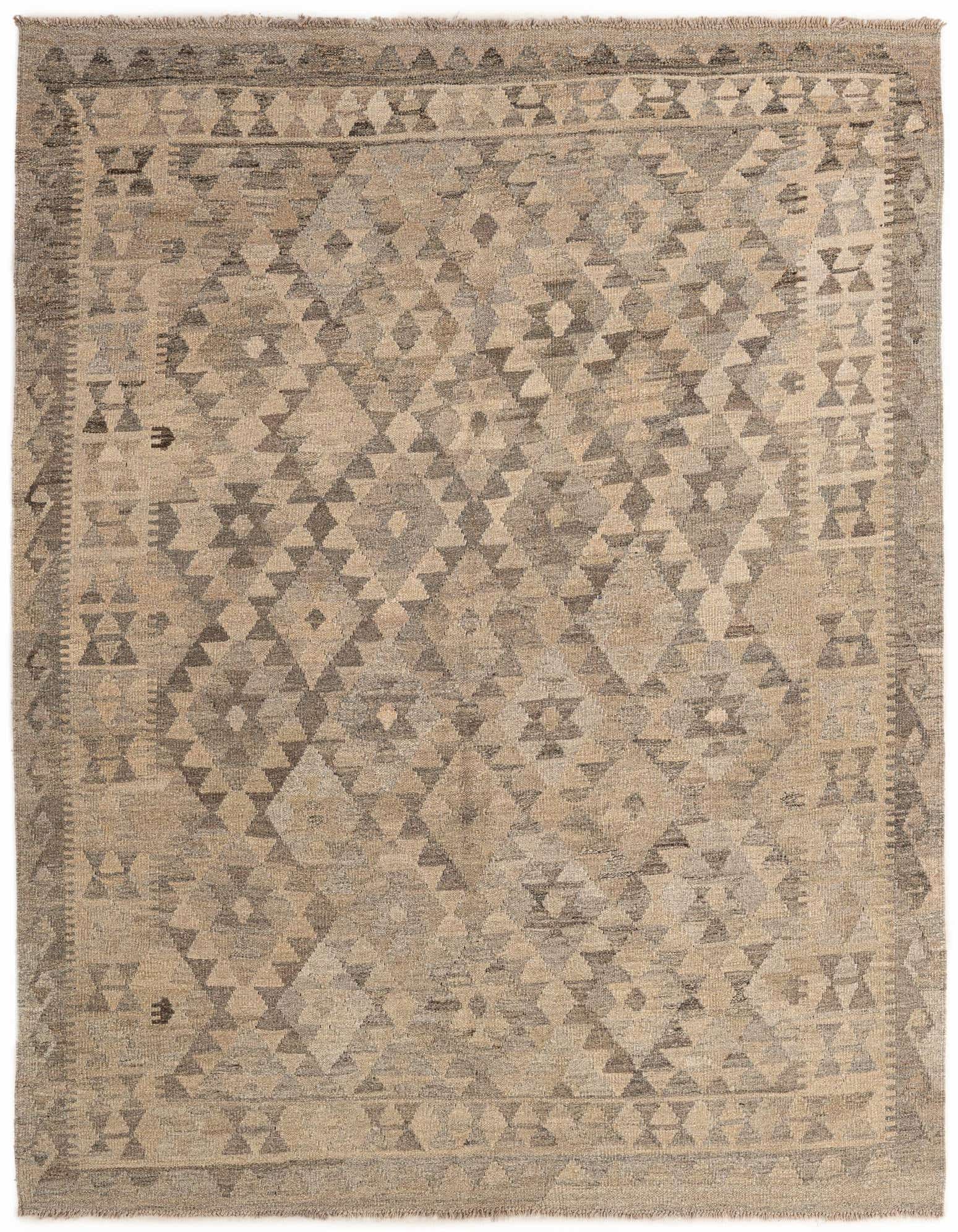 A 5x7 rectangular Kilim Maymana rug featuring a tribal geometric pattern in varying shades of gray and silver.