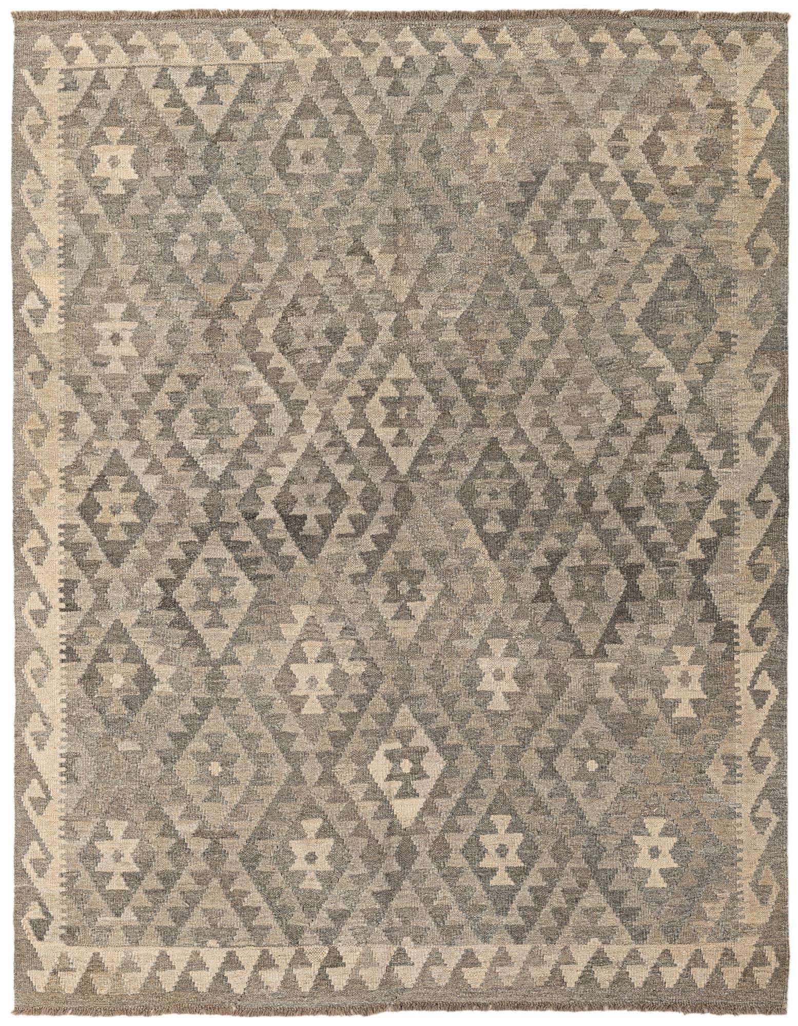A 5x7 rectangular Kilim Maymana rug featuring a tribal geometric pattern in varying shades of gray and silver.