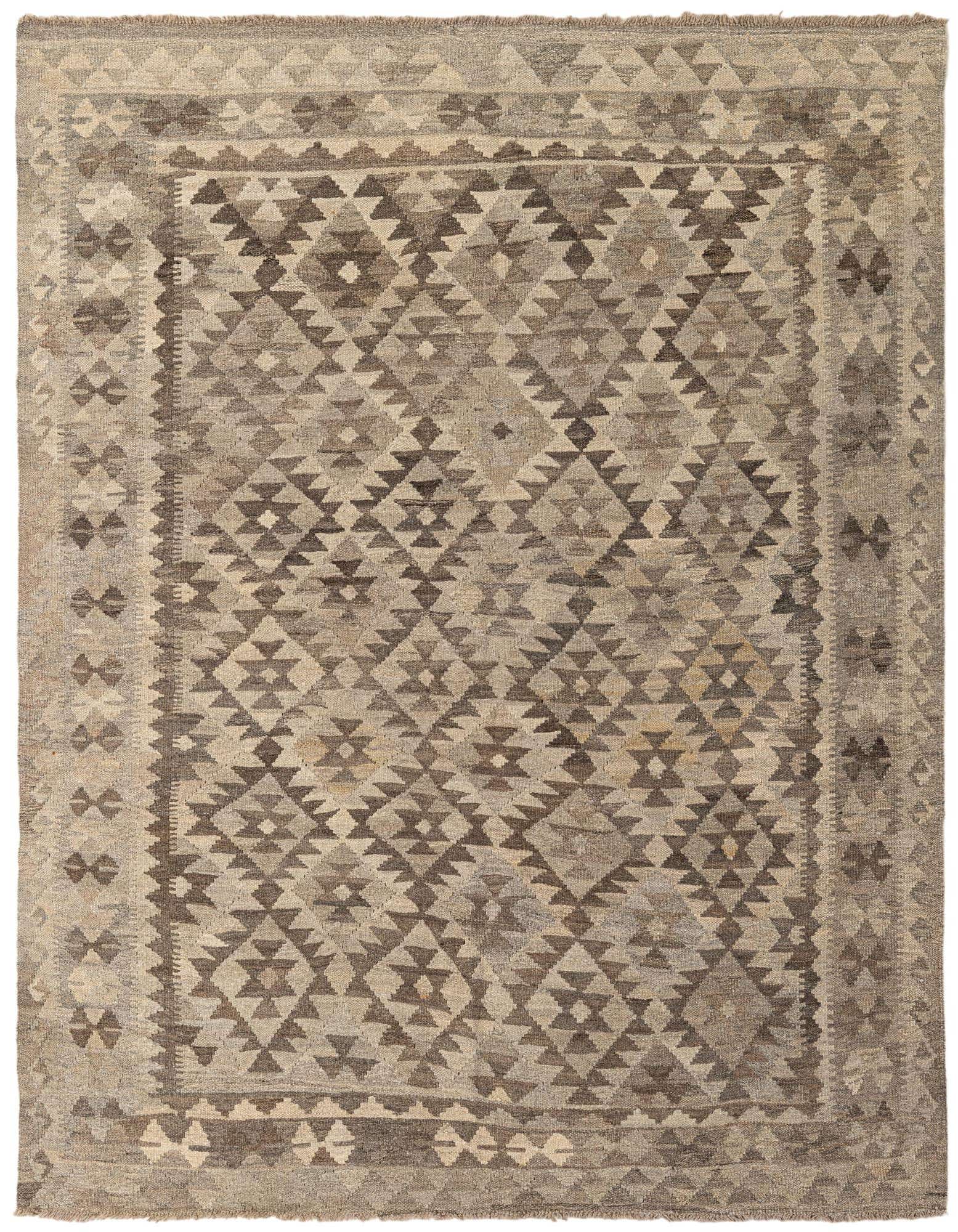 A 5x7 rectangular Kilim Maymana rug featuring a tribal geometric pattern in varying shades of gray, suitable for an indoor living space.