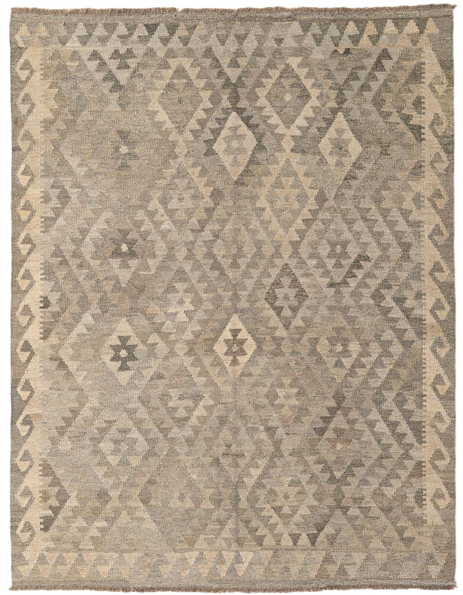 A 5x7 rectangular Kilim Maymana rug featuring a tribal geometric pattern in varying shades of gray and silver.