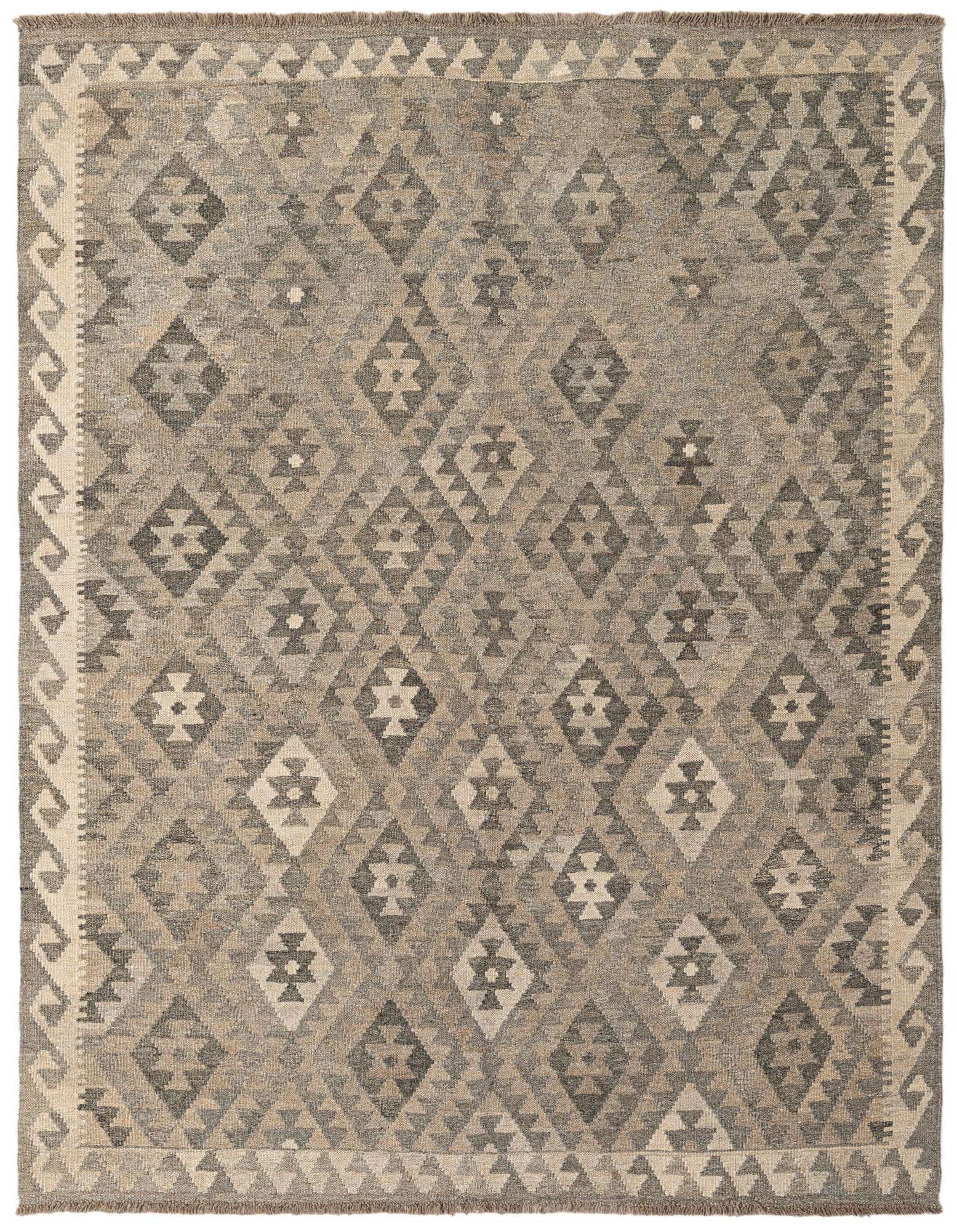A 5x7 rectangular Kilim Maymana rug featuring a tribal geometric diamond pattern in varying shades of gray and beige, with a flatweave texture.