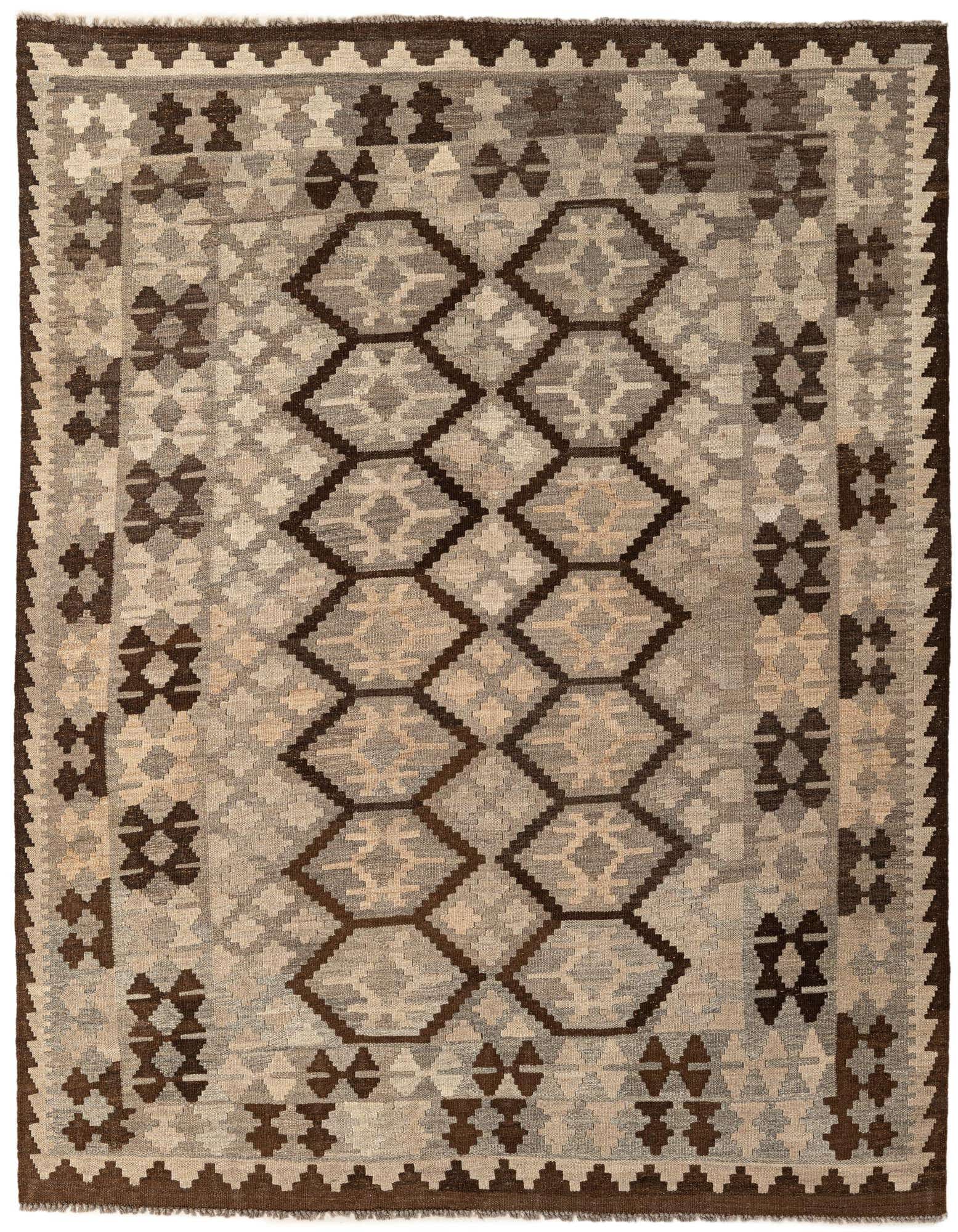 A 5x7 rectangular Kilim Maymana rug featuring a tribal pattern in shades of gray, silver, and brown.