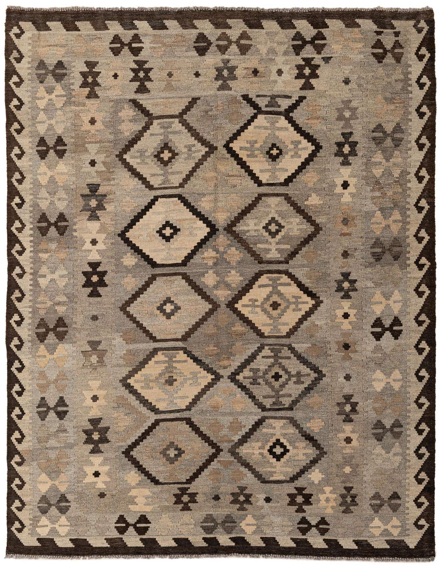 A 5x7 rectangular Kilim Maymana rug featuring a tribal geometric pattern in shades of gray, silver, and dark brown, with a flatweave texture.