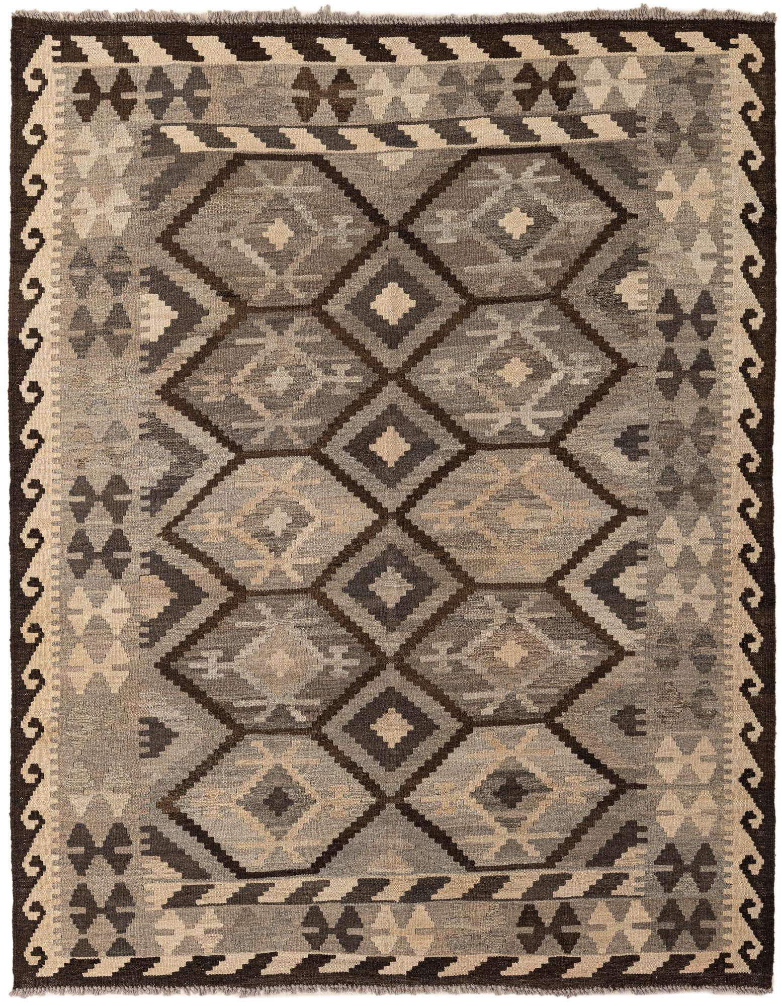 A 5x7 rectangular Kilim Maymana wool rug featuring tribal geometric patterns in shades of gray, silver, and dark brown.