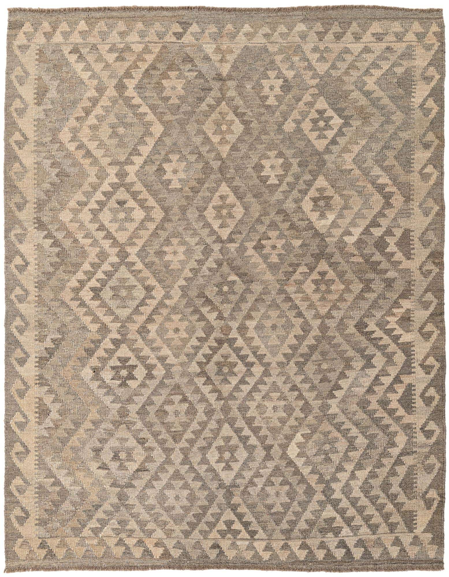 A 5x7 rectangular Kilim Maymana rug featuring a tribal geometric pattern in varying shades of gray and silver.