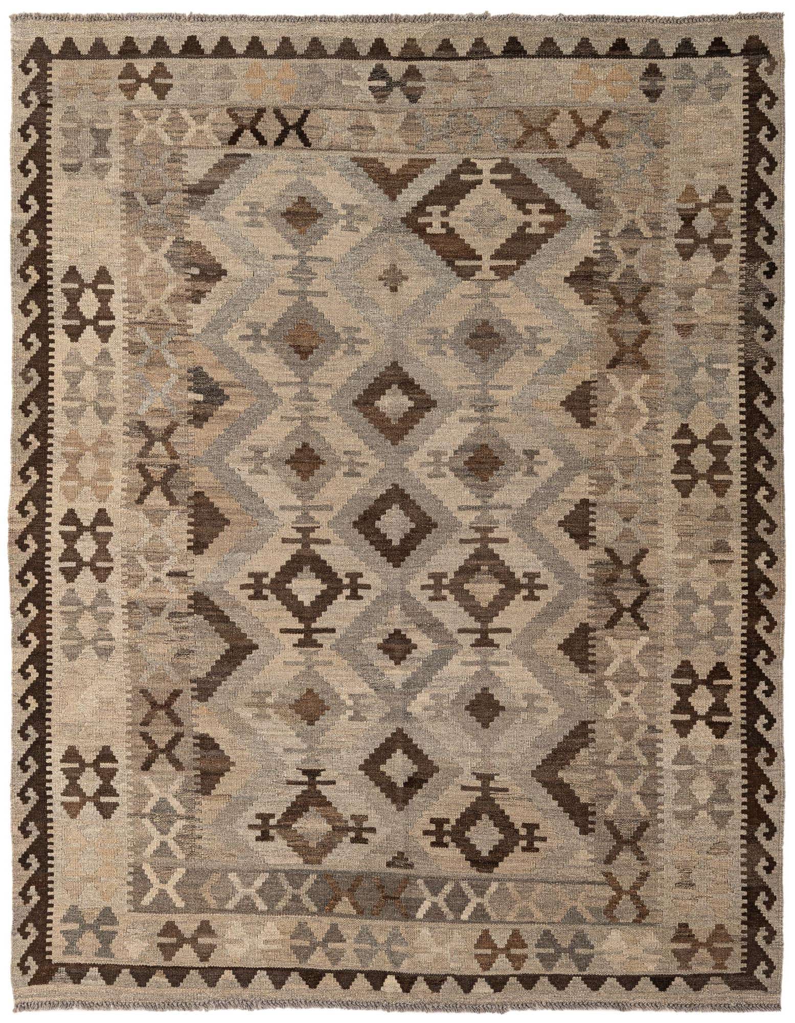 A 5x7 rectangular Kilim Maymana wool rug featuring tribal geometric patterns in shades of gray and silver.
