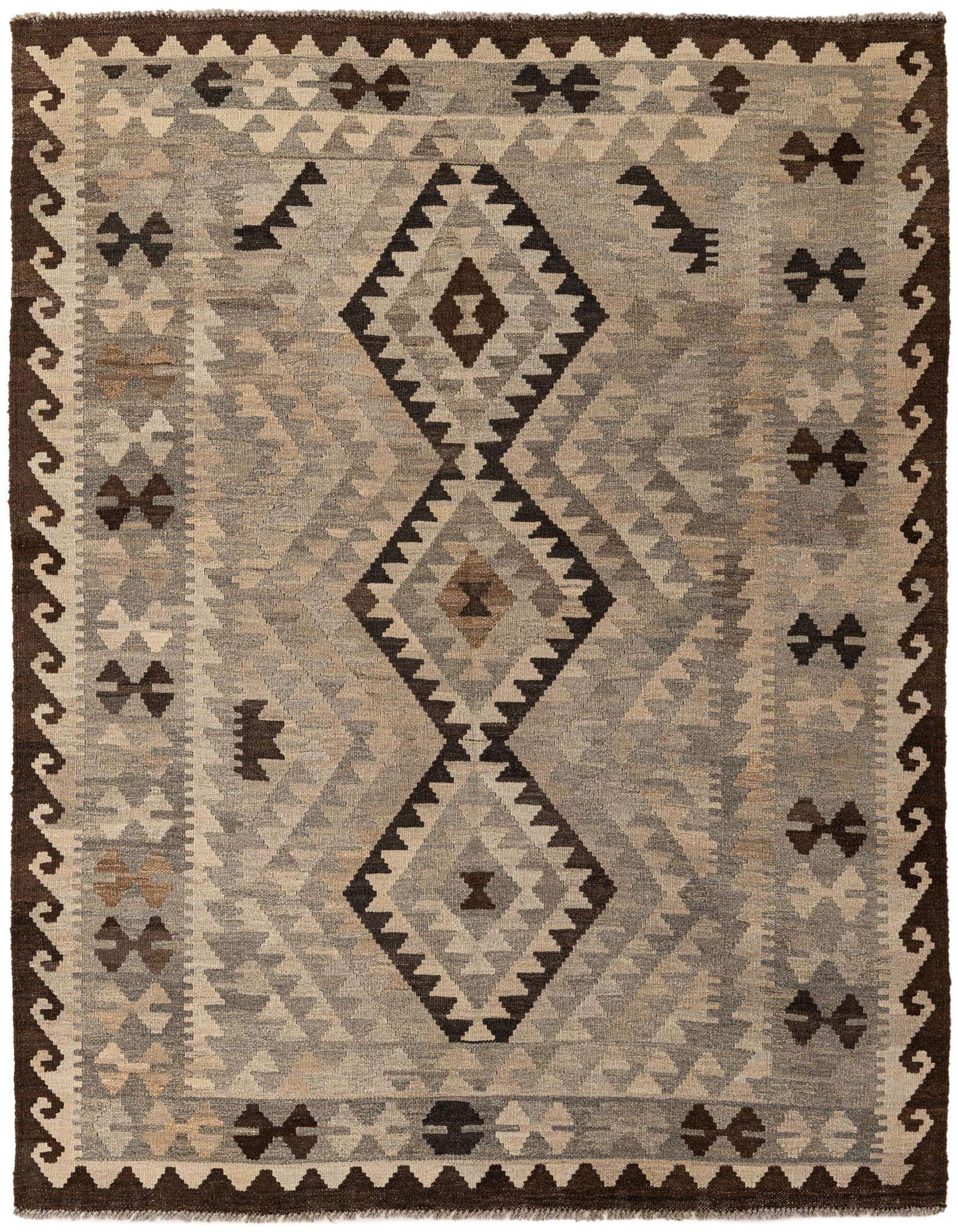 A 5x7 rectangular Kilim Maymana rug featuring a tribal geometric pattern in shades of gray, silver, and dark brown, with a flatweave texture.