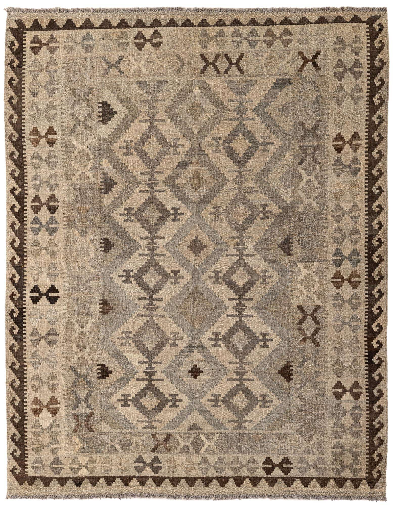 A 5x7 rectangular Kilim Maymana flatweave rug in shades of gray and silver, featuring a tribal geometric pattern with diamonds and X shapes, and a dark brown border.