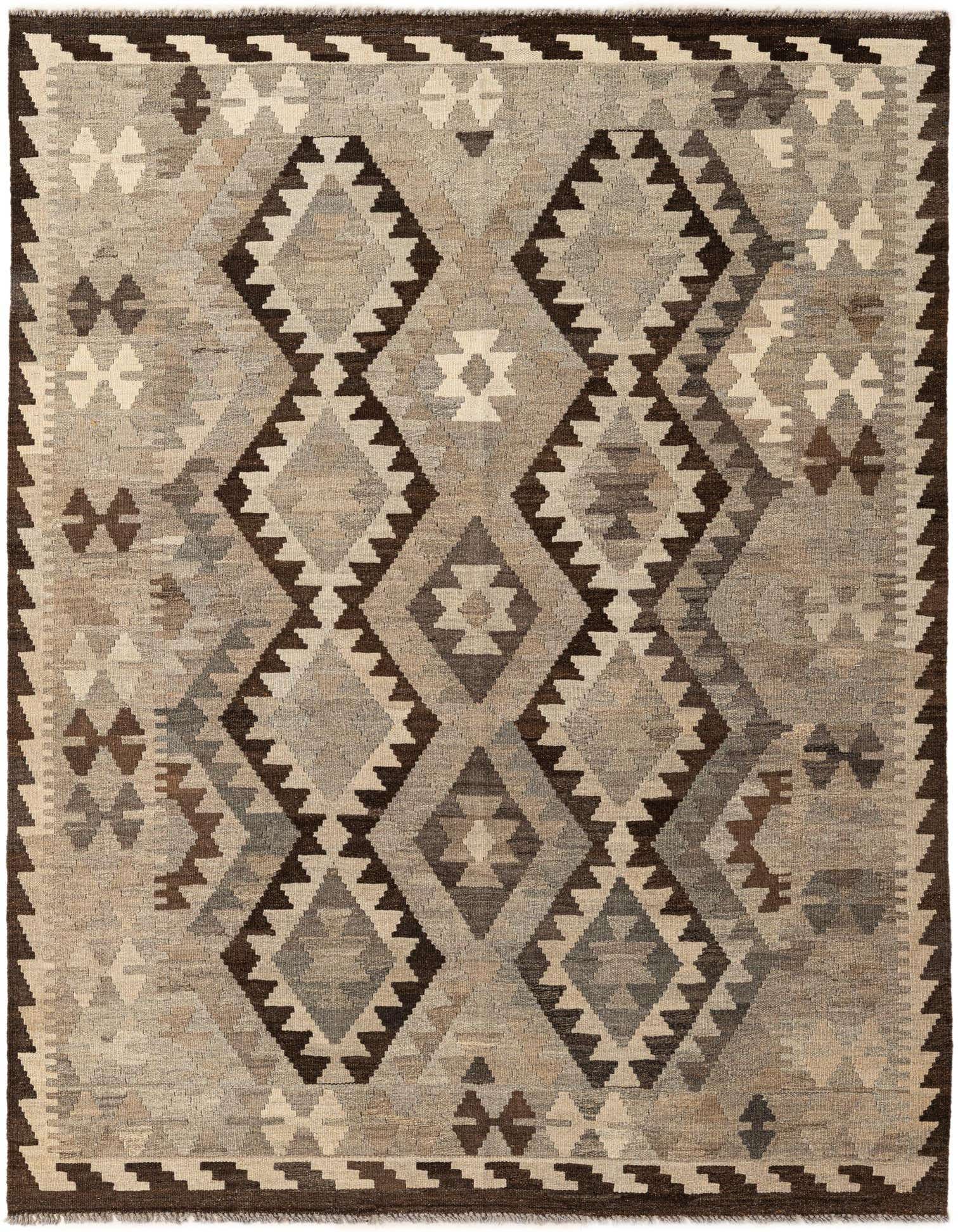A 5x7 rectangular Kilim Maymana rug featuring a tribal geometric pattern in shades of gray, silver, and brown, with a flatweave texture.
