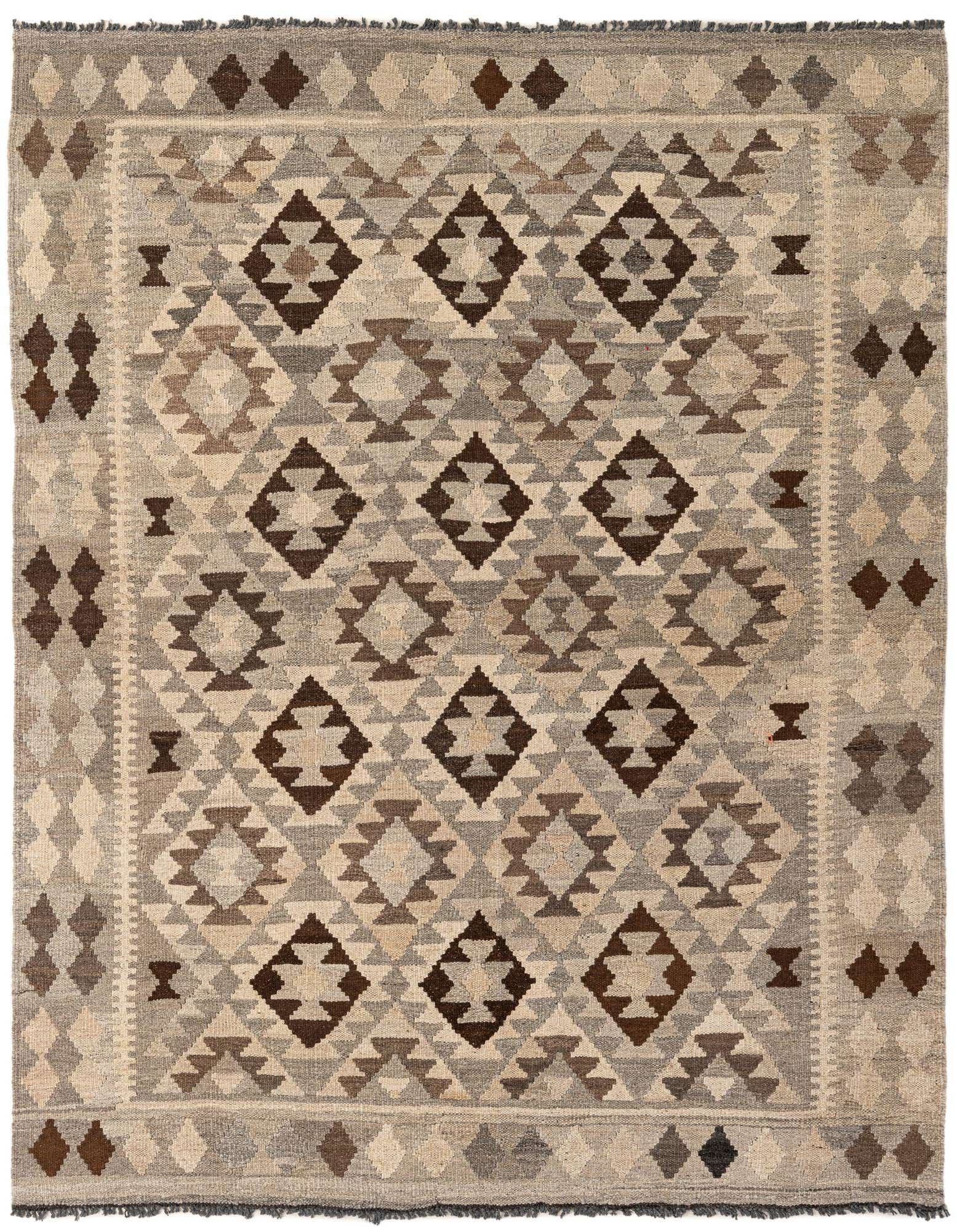 A 5x7 rectangular Kilim Maymana rug featuring a tribal geometric pattern in shades of gray, silver, and brown.