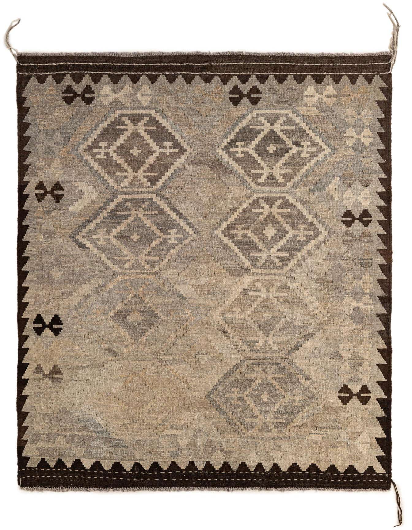 A 5x7 rectangular Kilim Maymana flatweave rug featuring a tribal geometric pattern in varying shades of gray and silver.