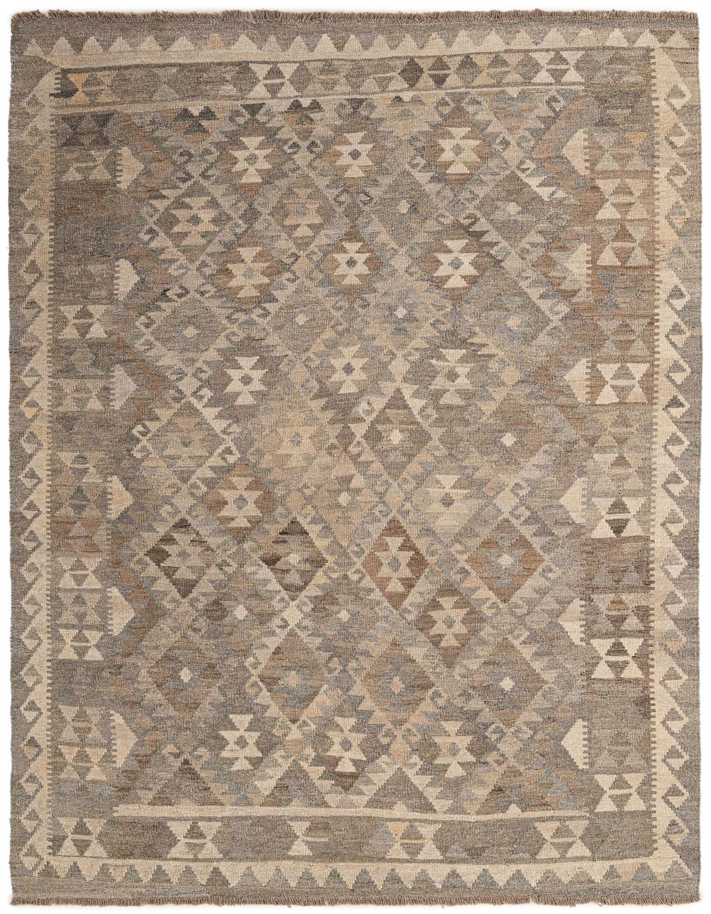 A 5x7 rectangular Kilim Maymana rug featuring a tribal geometric pattern in various shades of gray and silver, handmade from flatweave wool.