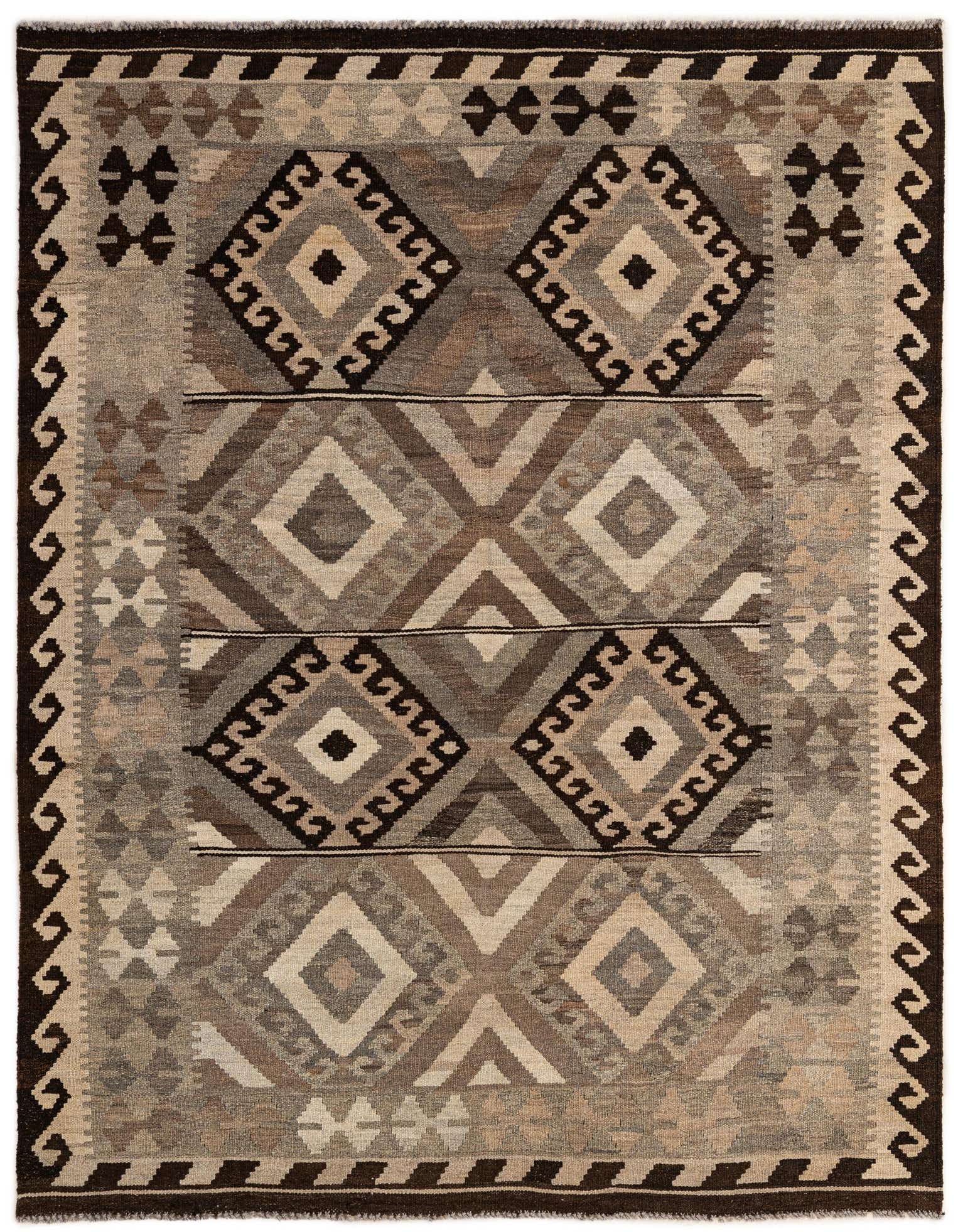 A 5x7 rectangular Kilim Maymana rug featuring a tribal geometric pattern in varying shades of gray, silver, and dark brown, with a flatweave texture.