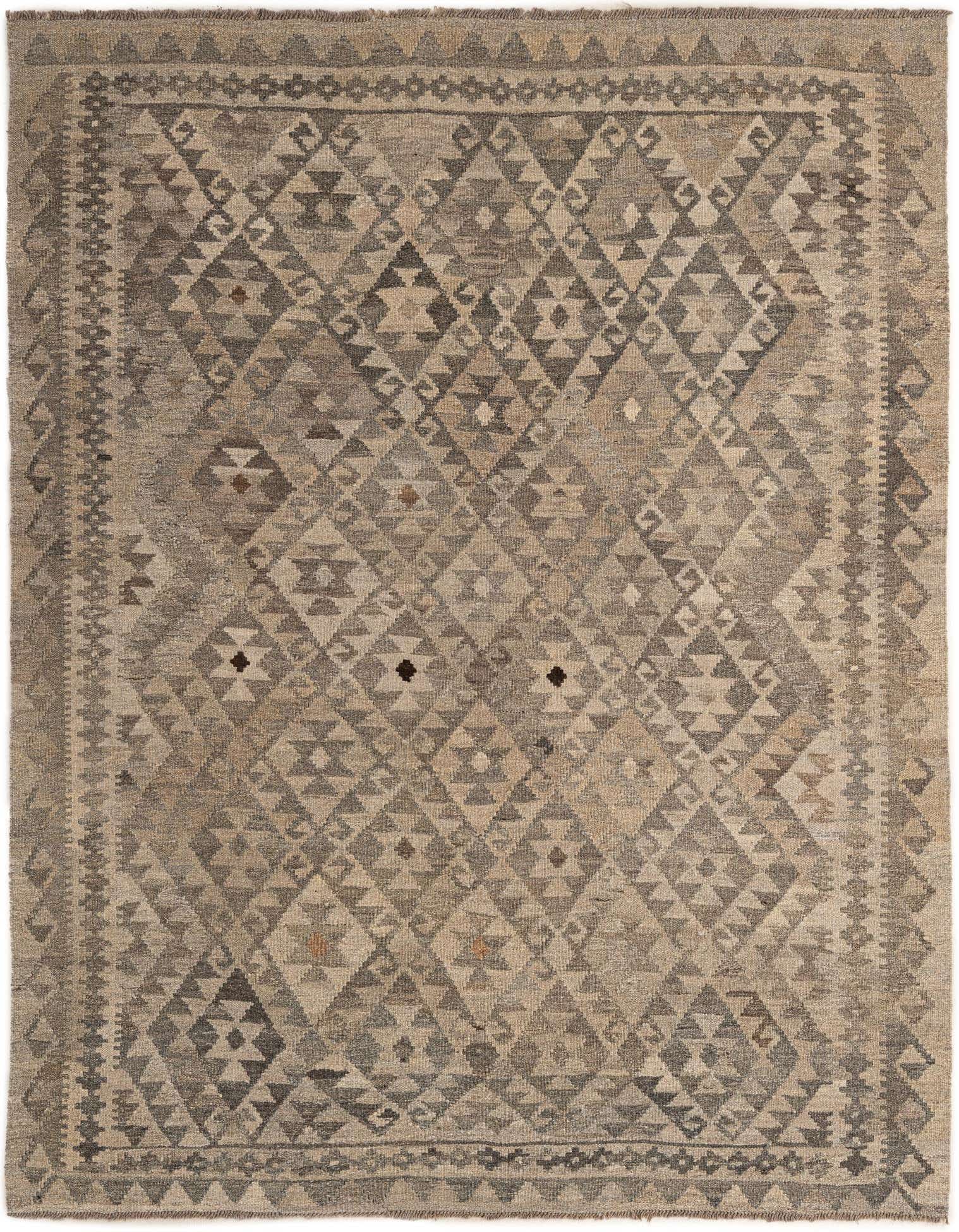 A 5x7 rectangular Kilim Maymana rug featuring a tribal geometric pattern in shades of gray and silver, handmade from wool.