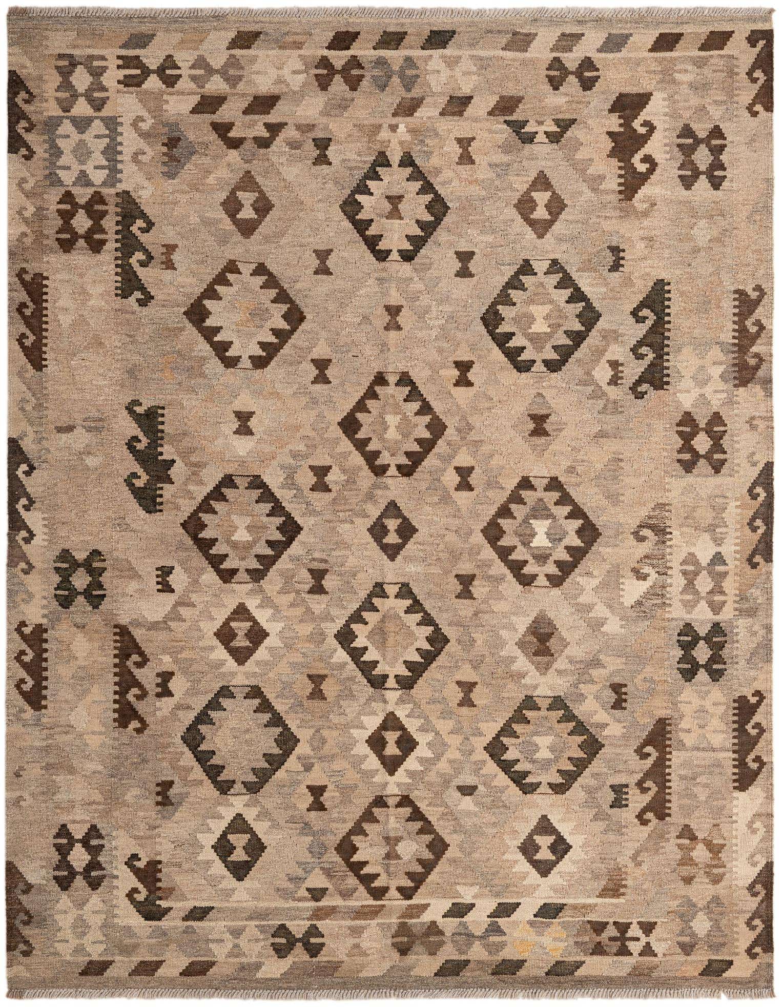 A 5x7 rectangular Kilim Maymana rug featuring a tribal geometric pattern in various shades of gray and silver.