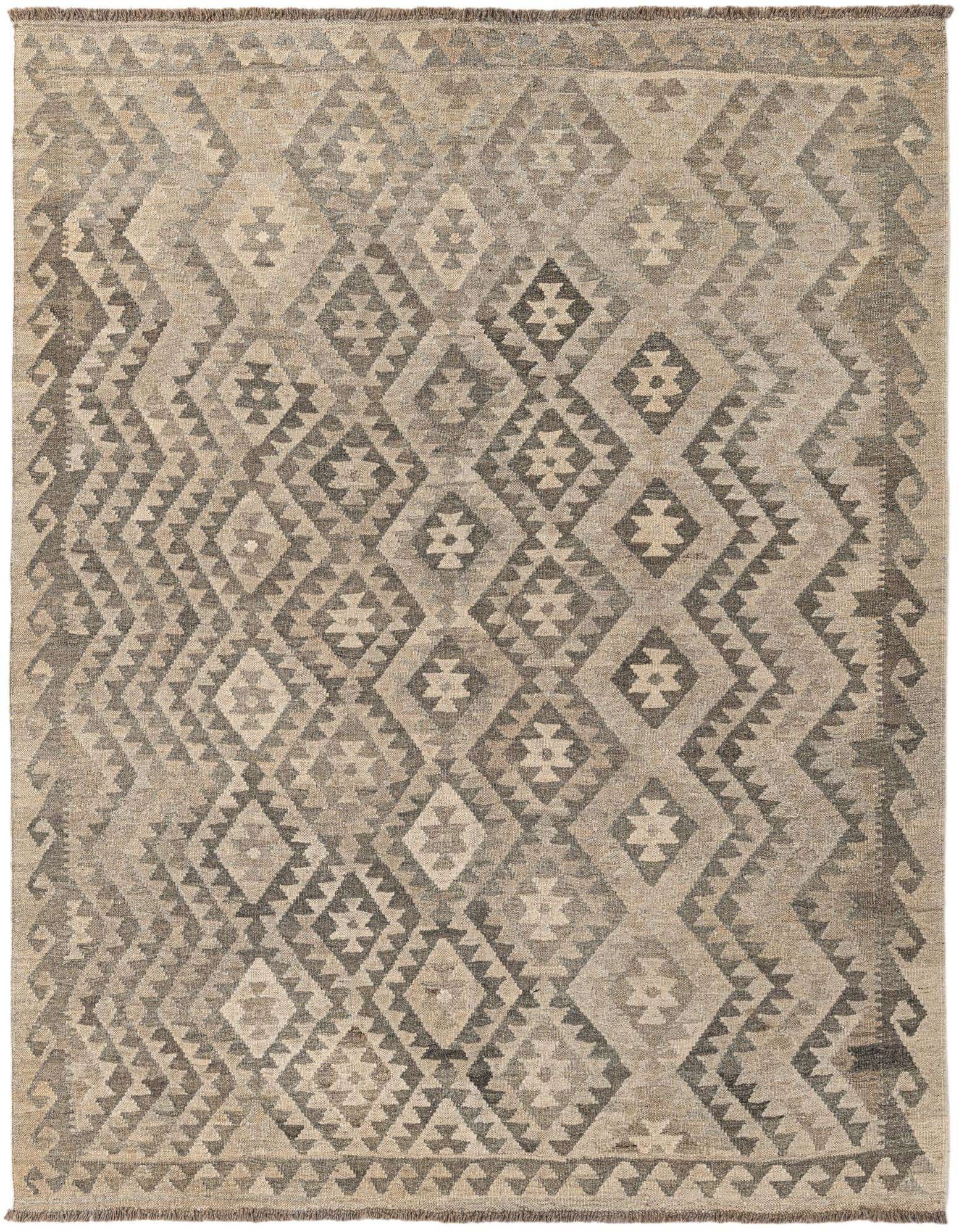 A 5x7 rectangular Kilim Maymana rug featuring a tribal geometric diamond pattern in varying shades of gray and silver.
