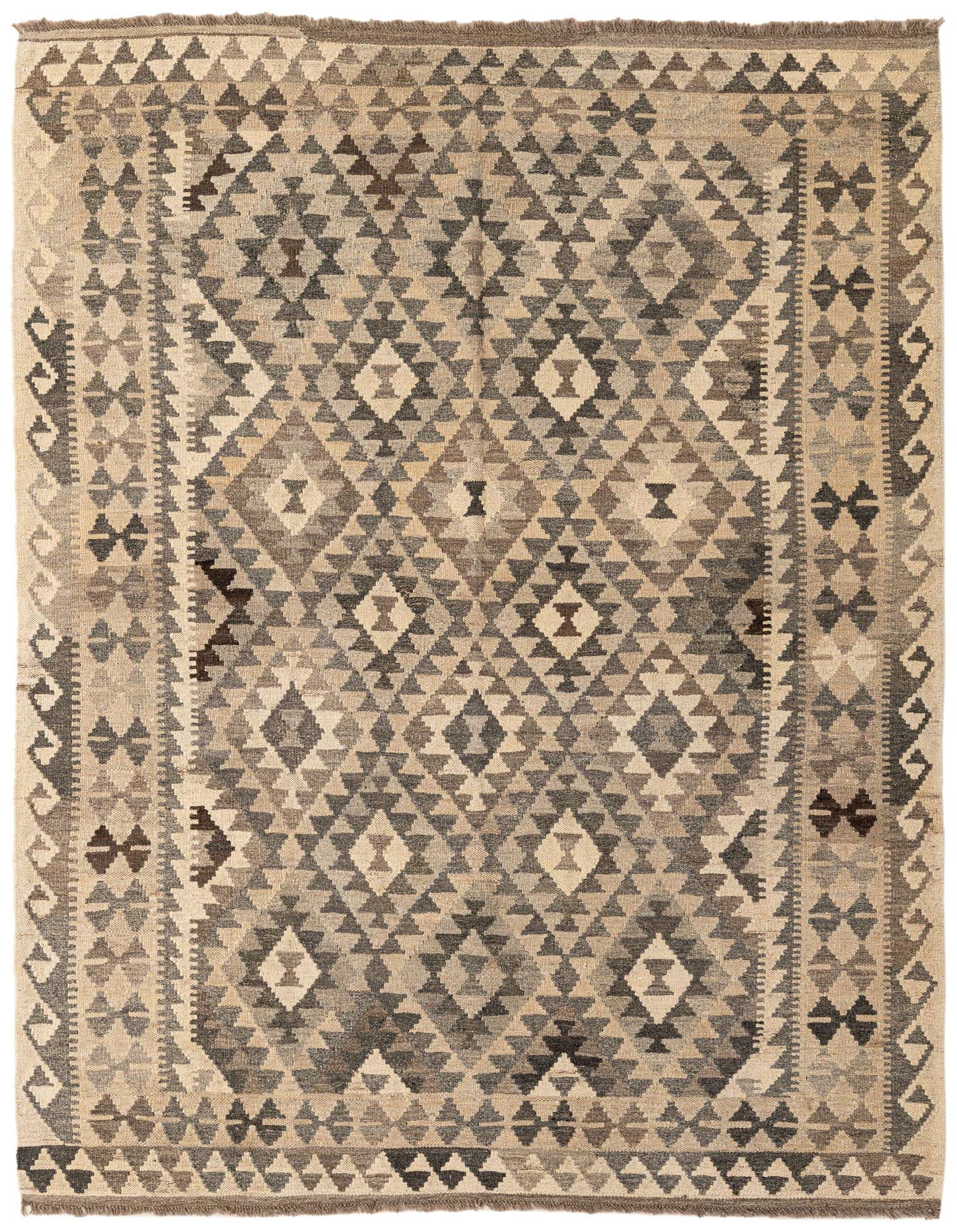 A 5x7 rectangular Kilim Maymana wool rug featuring a tribal geometric pattern in shades of gray and silver.
