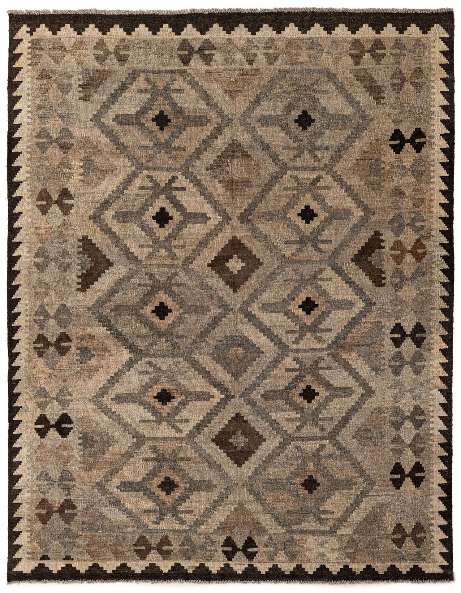 A 5x7 rectangular Kilim Maymana rug featuring a tribal geometric pattern in shades of gray, silver, and brown, with a dark border.