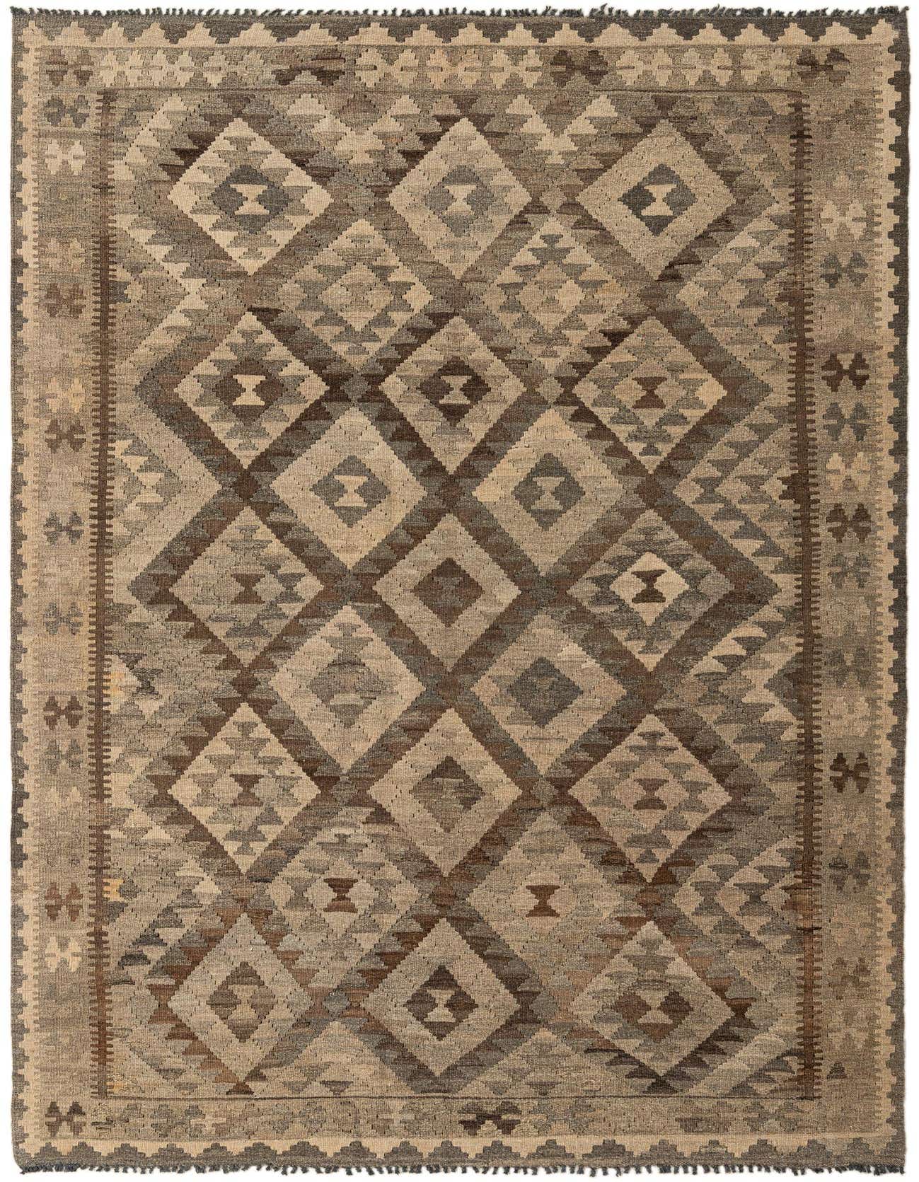 A 5x8 rectangular Kilim Maymana rug featuring a tribal geometric pattern in shades of gray and silver, with a flatweave texture.