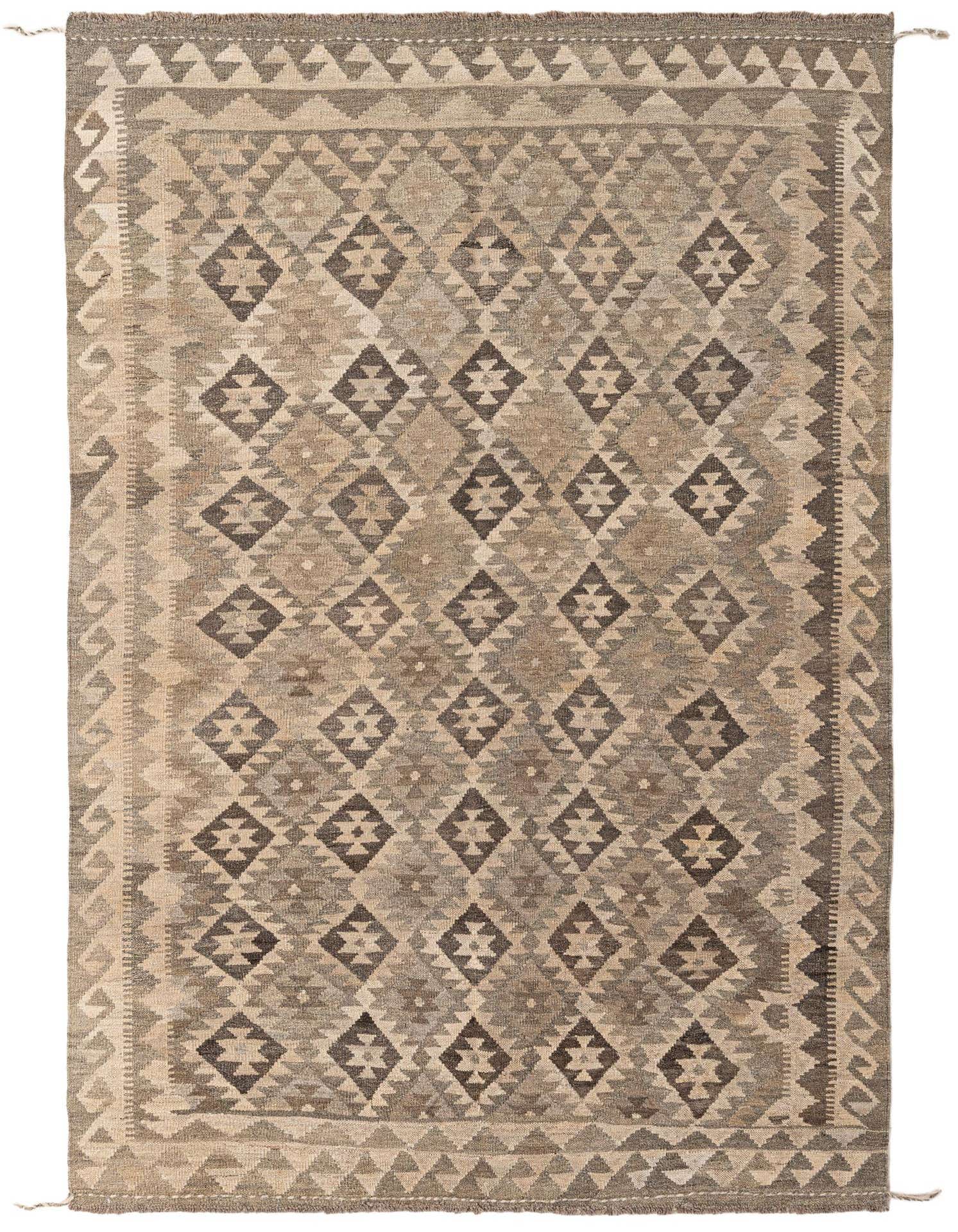 A 5x8 rectangular Kilim Maymana rug featuring a tribal diamond pattern in various shades of gray and silver, with a flatweave texture.