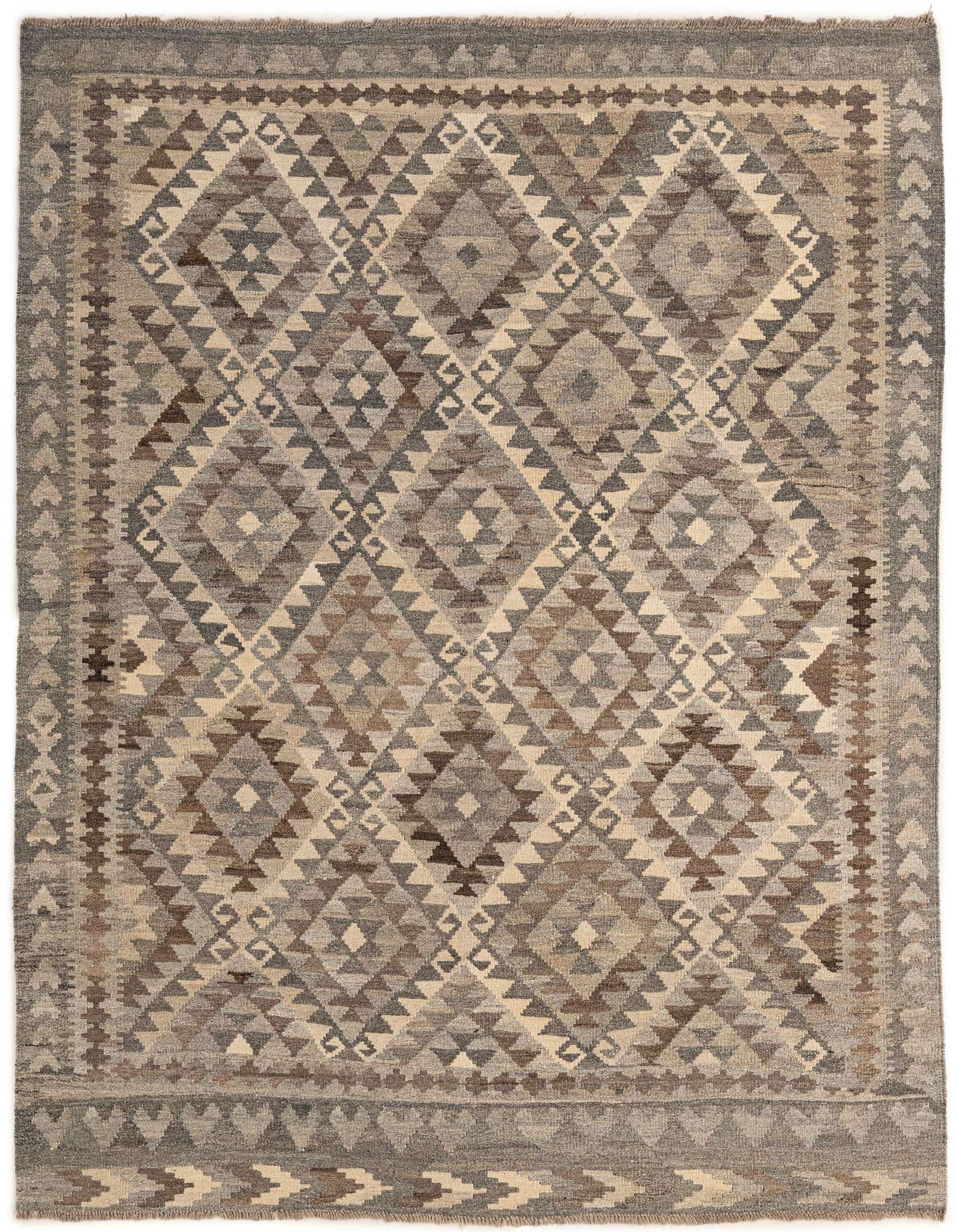 A 5x7 rectangular Kilim Maymana rug featuring a tribal geometric pattern in shades of gray, silver, and brown, with a flatweave texture.