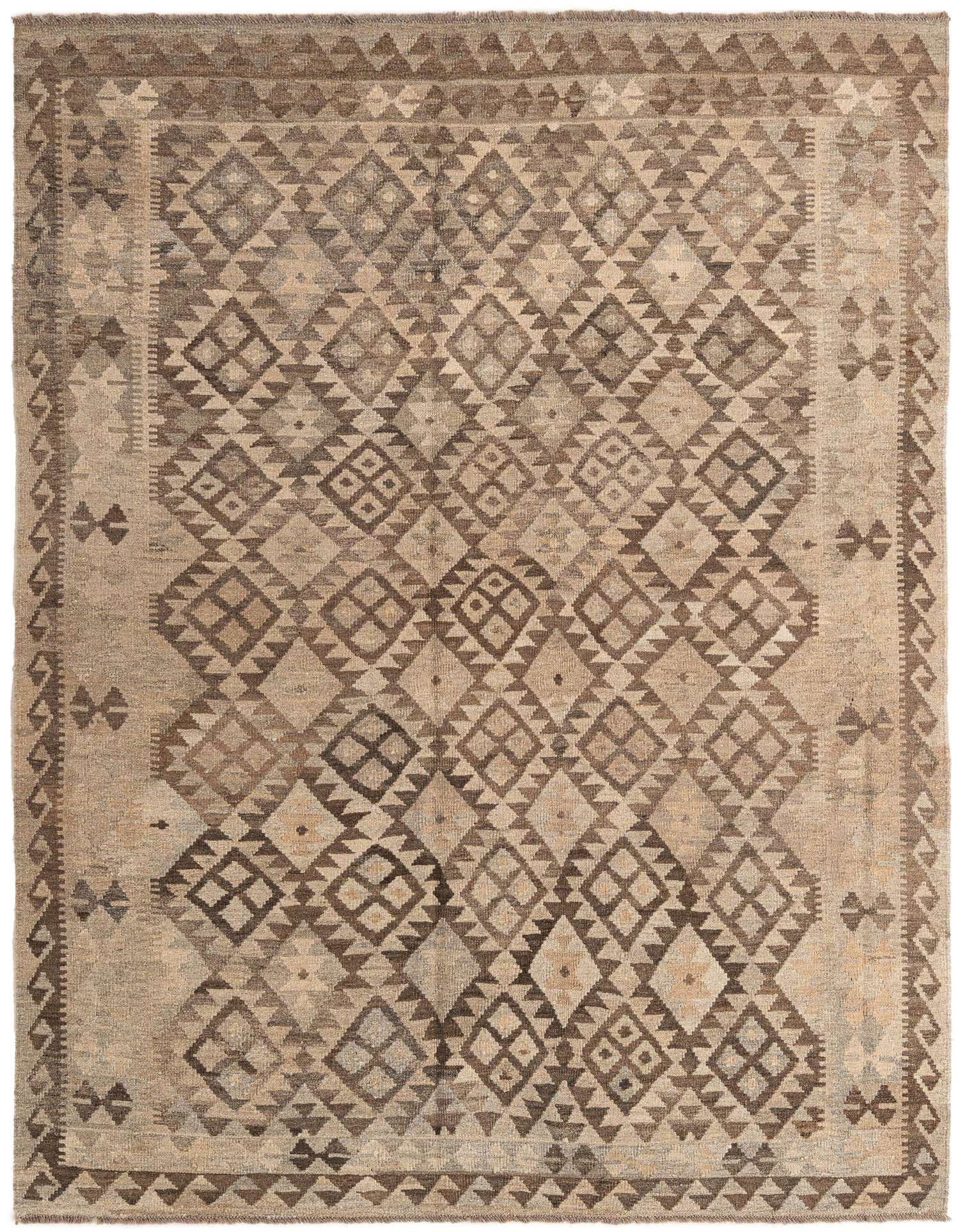 A 5x8 rectangular Kilim Maymana wool rug featuring a tribal geometric pattern in varying shades of gray.