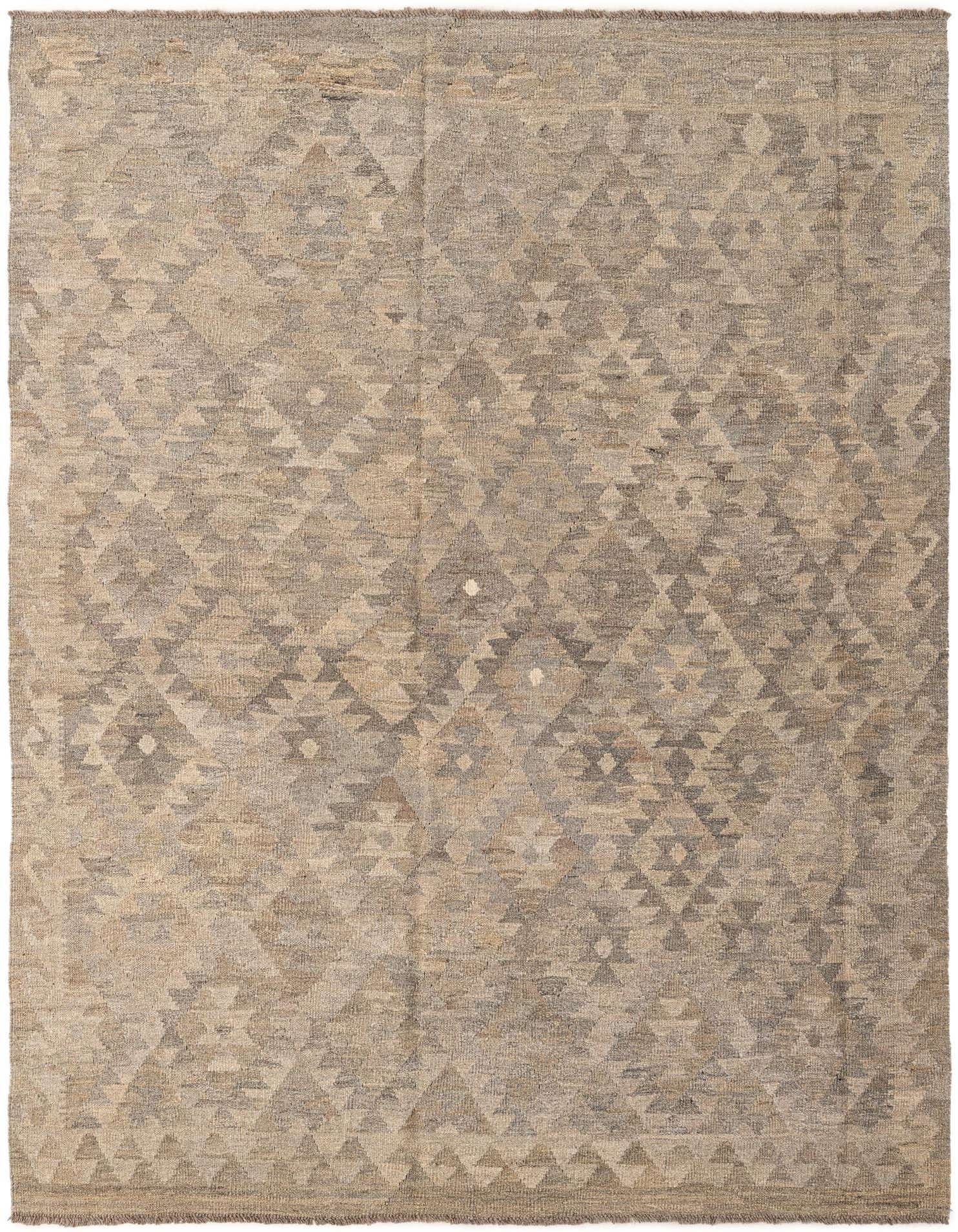 A 5x8 rectangular Kilim Maymana rug with a tribal geometric pattern in varying shades of gray and silver.