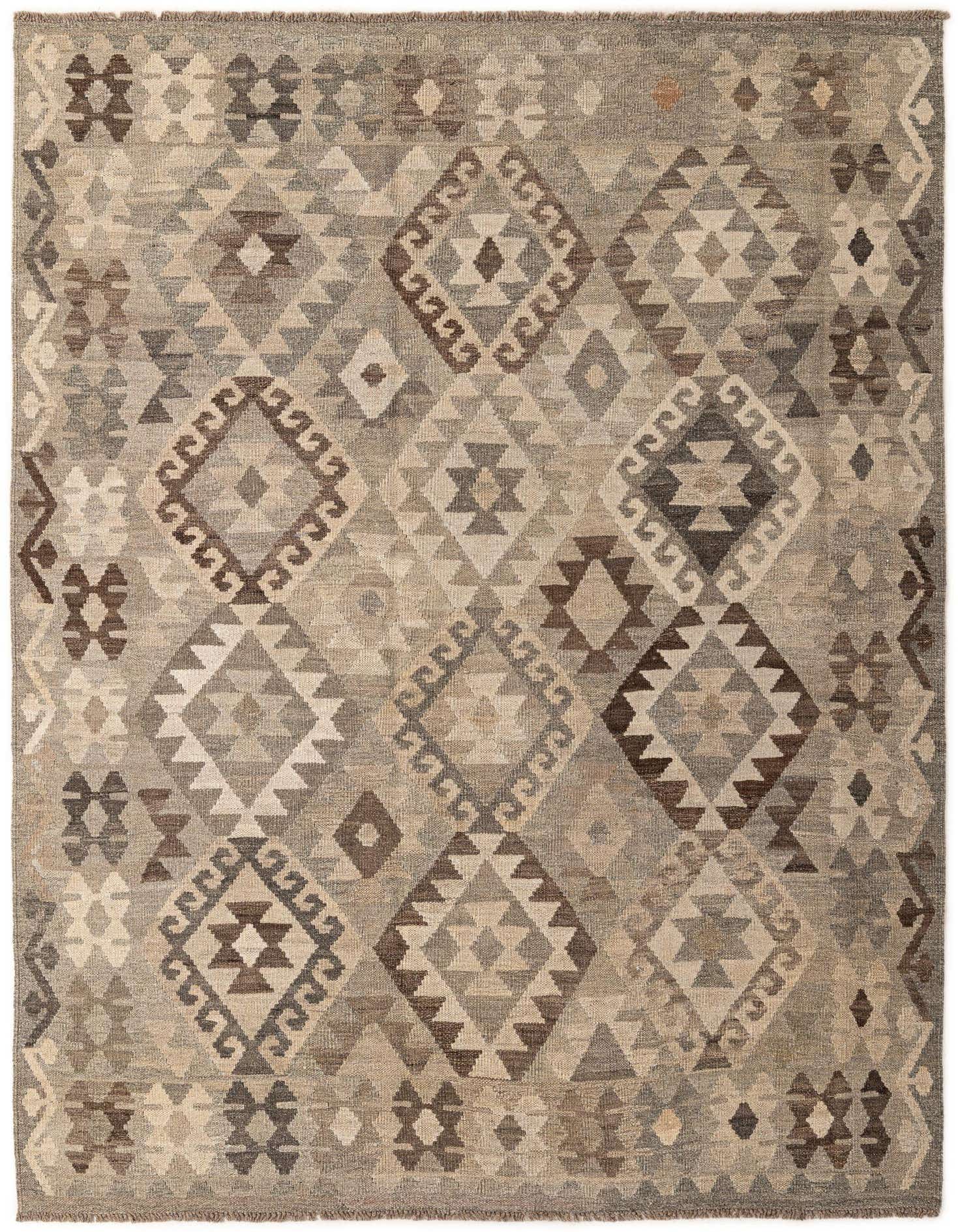 A 5x8 rectangular Kilim Maymana rug featuring a tribal geometric pattern in varying shades of gray, silver, and brown.
