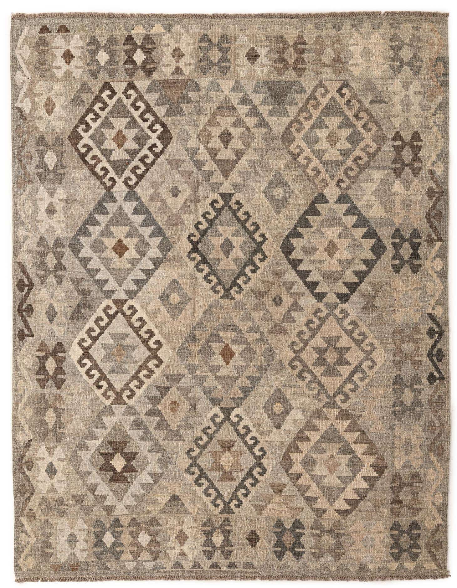 A 5x8 rectangular Kilim Maymana rug featuring a tribal geometric pattern in various shades of gray and silver.