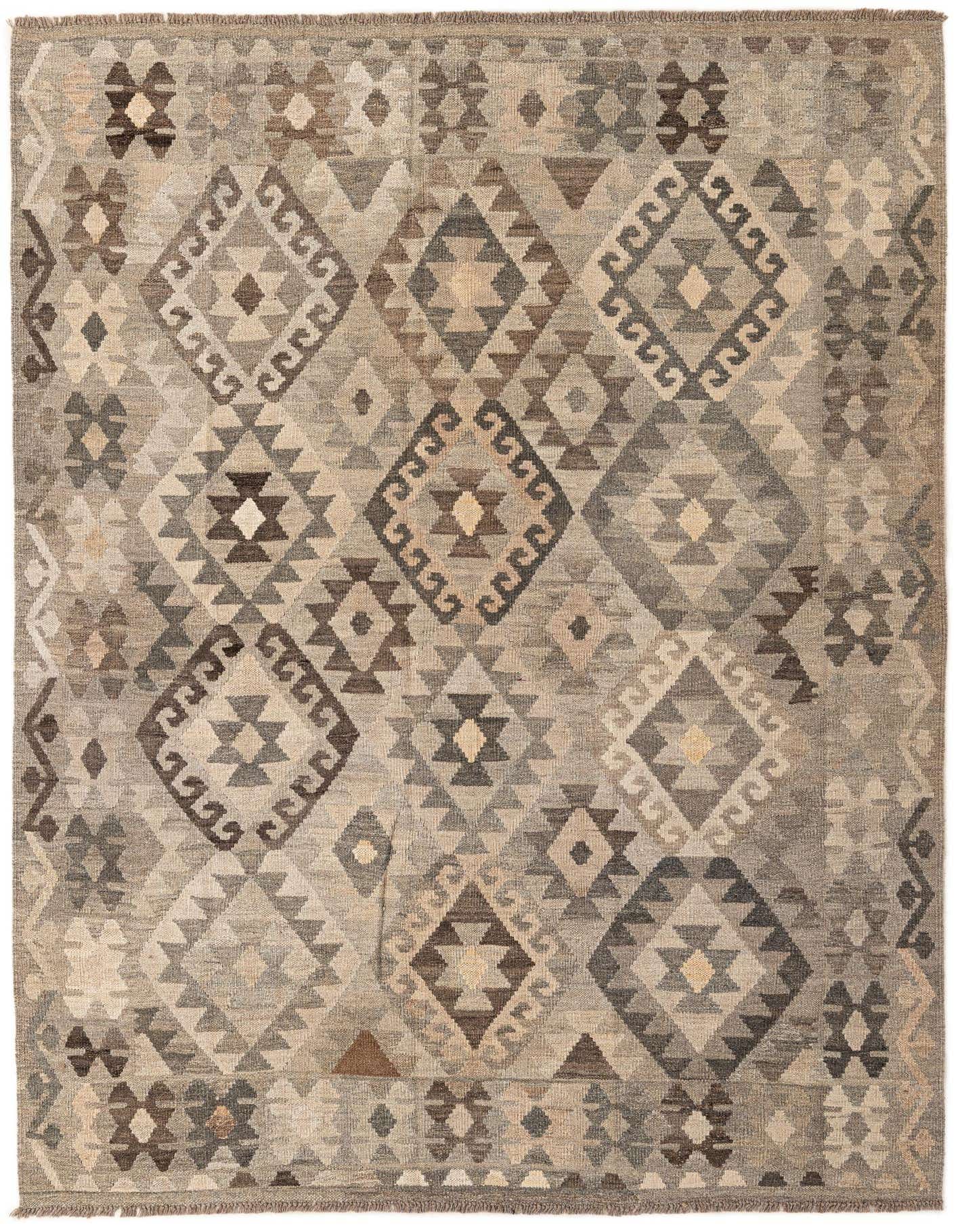 A 5x8 rectangular Kilim Maymana rug featuring a tribal geometric pattern in various shades of gray and silver, with a flatweave texture.