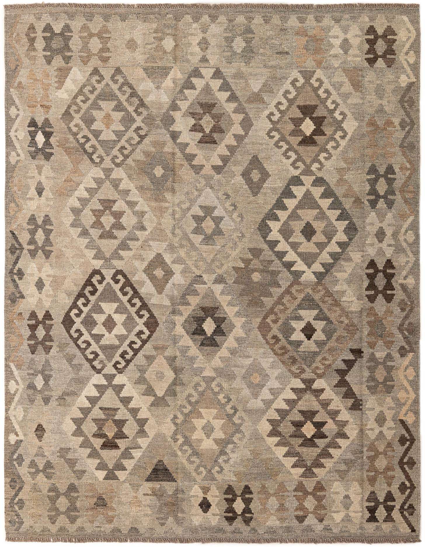 A 5x8 rectangular Kilim Maymana wool rug featuring a tribal geometric pattern in shades of gray, silver, and brown.