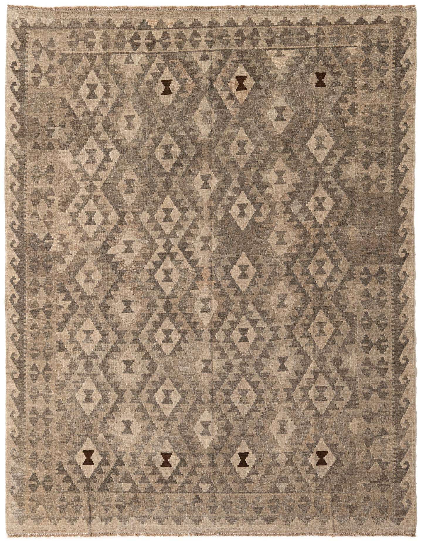 A 5x8 rectangular Kilim Maymana rug in shades of gray and silver, featuring a tribal geometric diamond pattern and a flatweave texture.
