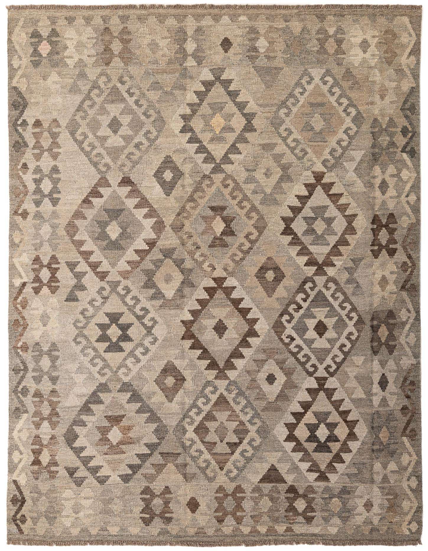 A 5x8 rectangular Kilim Maymana rug featuring a tribal geometric pattern in various shades of gray and silver.