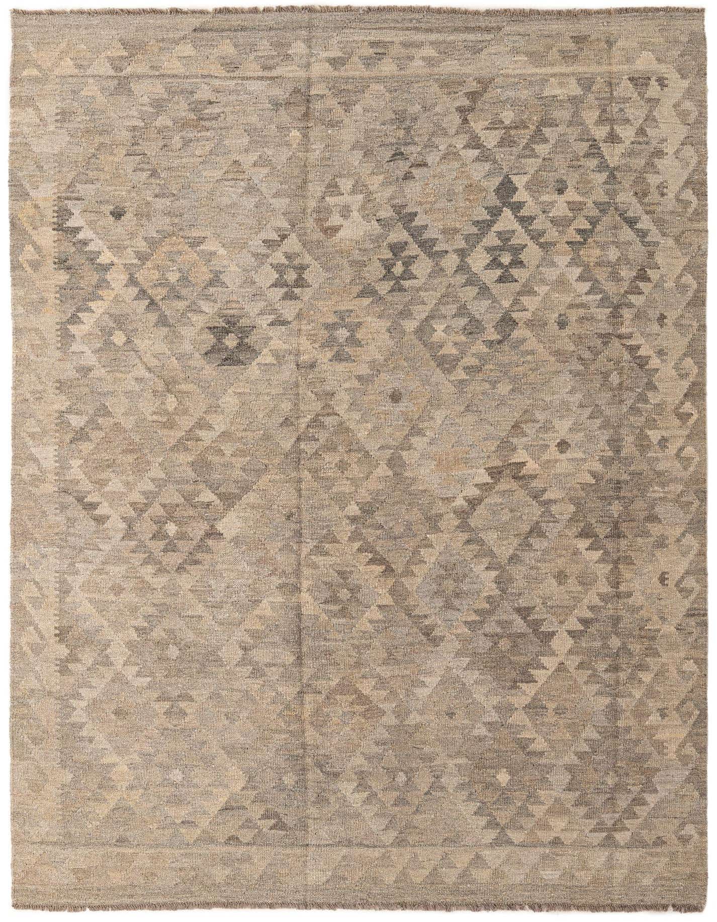 A 5x8 rectangular Kilim Maymana wool rug in shades of gray and silver with a tribal geometric pattern.
