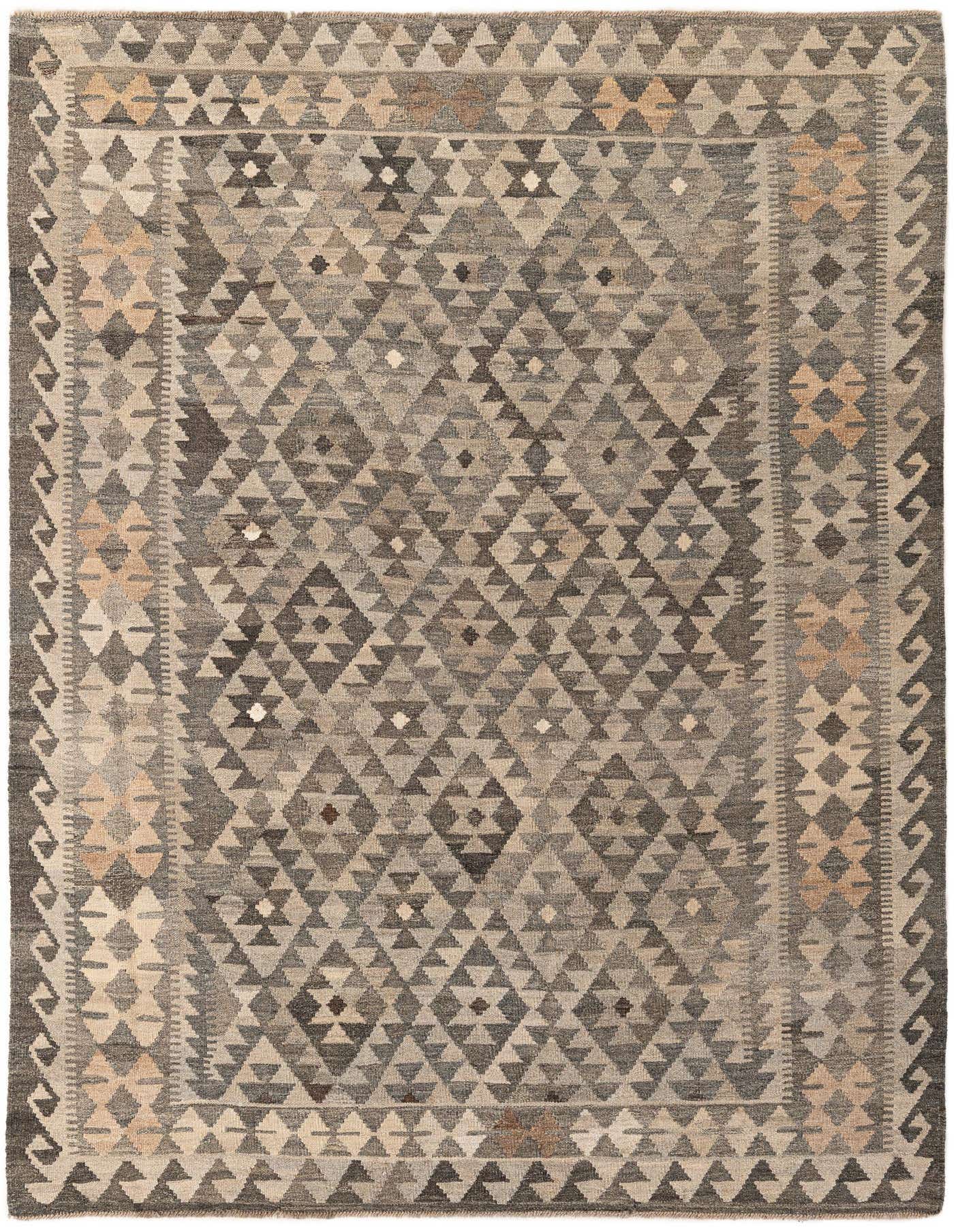 A 5x8 rectangular Kilim Maymana rug featuring a tribal geometric pattern in various shades of gray and silver.