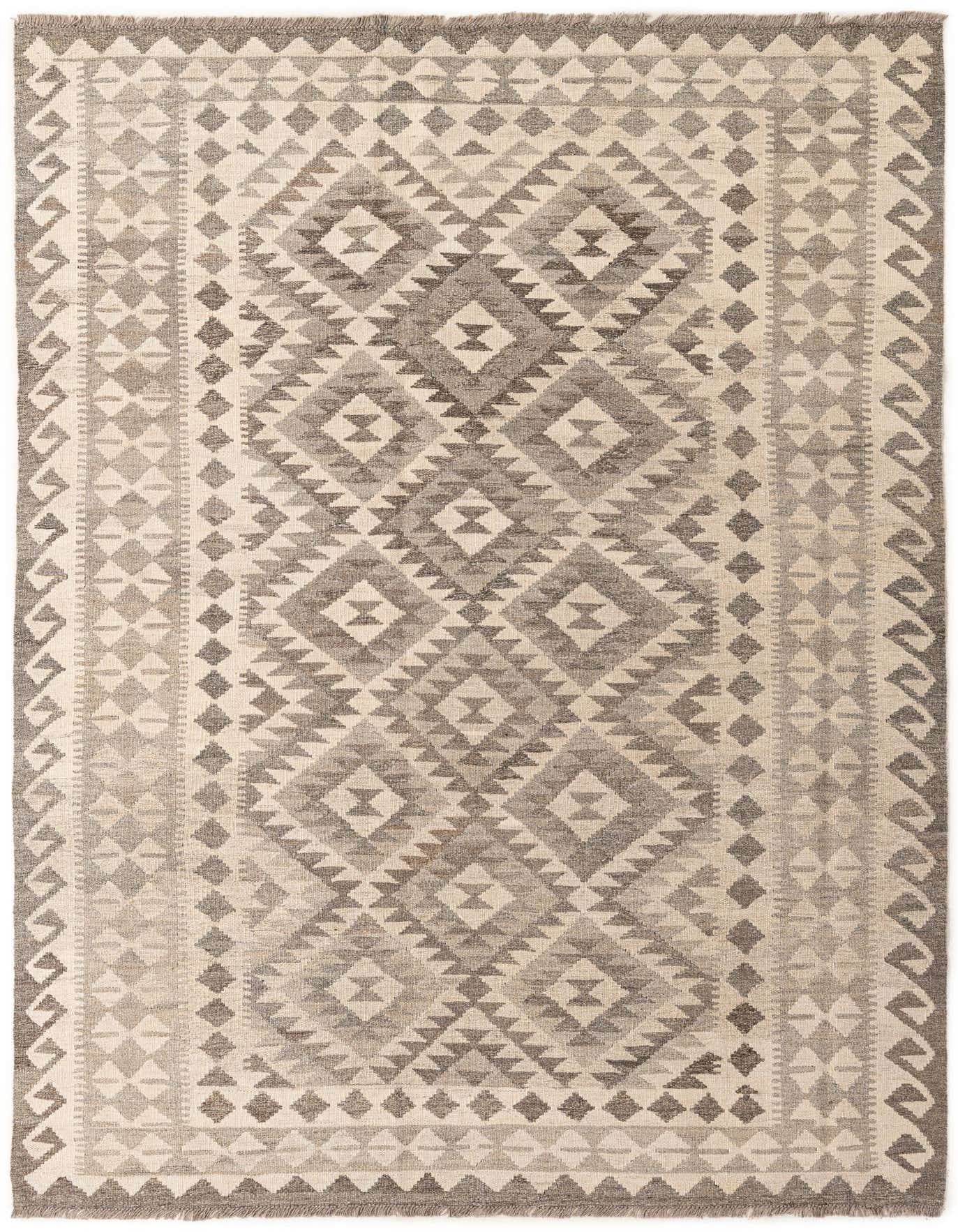 A 5x8 rectangular Kilim Maymana rug featuring a tribal geometric pattern in various shades of gray and silver.
