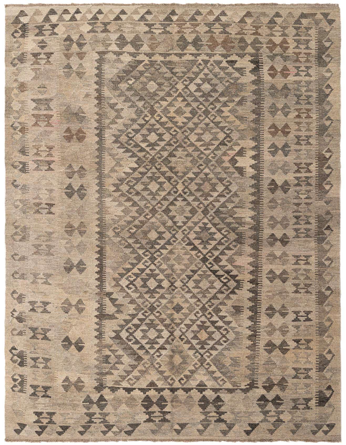 A 5x8 rectangular Kilim Maymana rug featuring tribal geometric patterns in shades of gray and silver, made from flatweave wool.