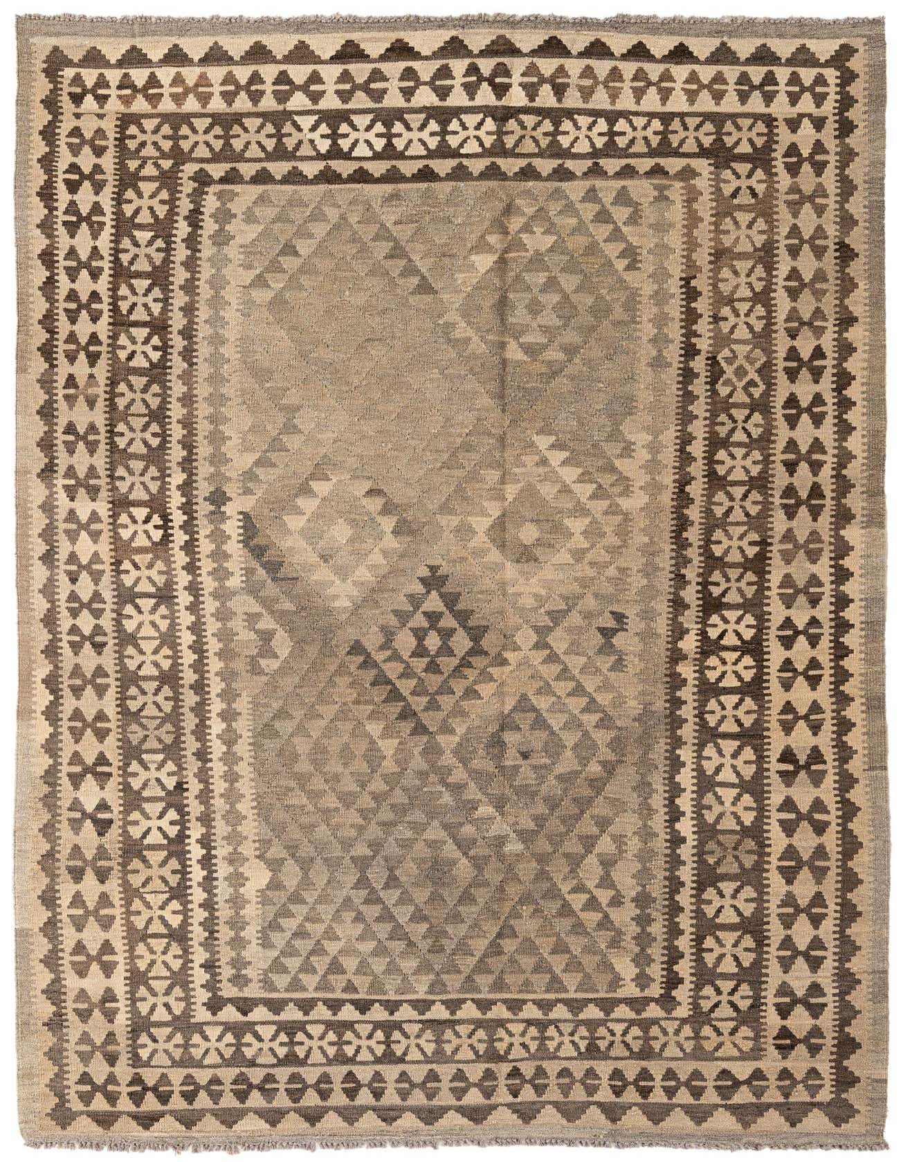 A 5x8 rectangular Kilim Maymana rug featuring a tribal geometric pattern in shades of gray and silver, suitable for a living room.