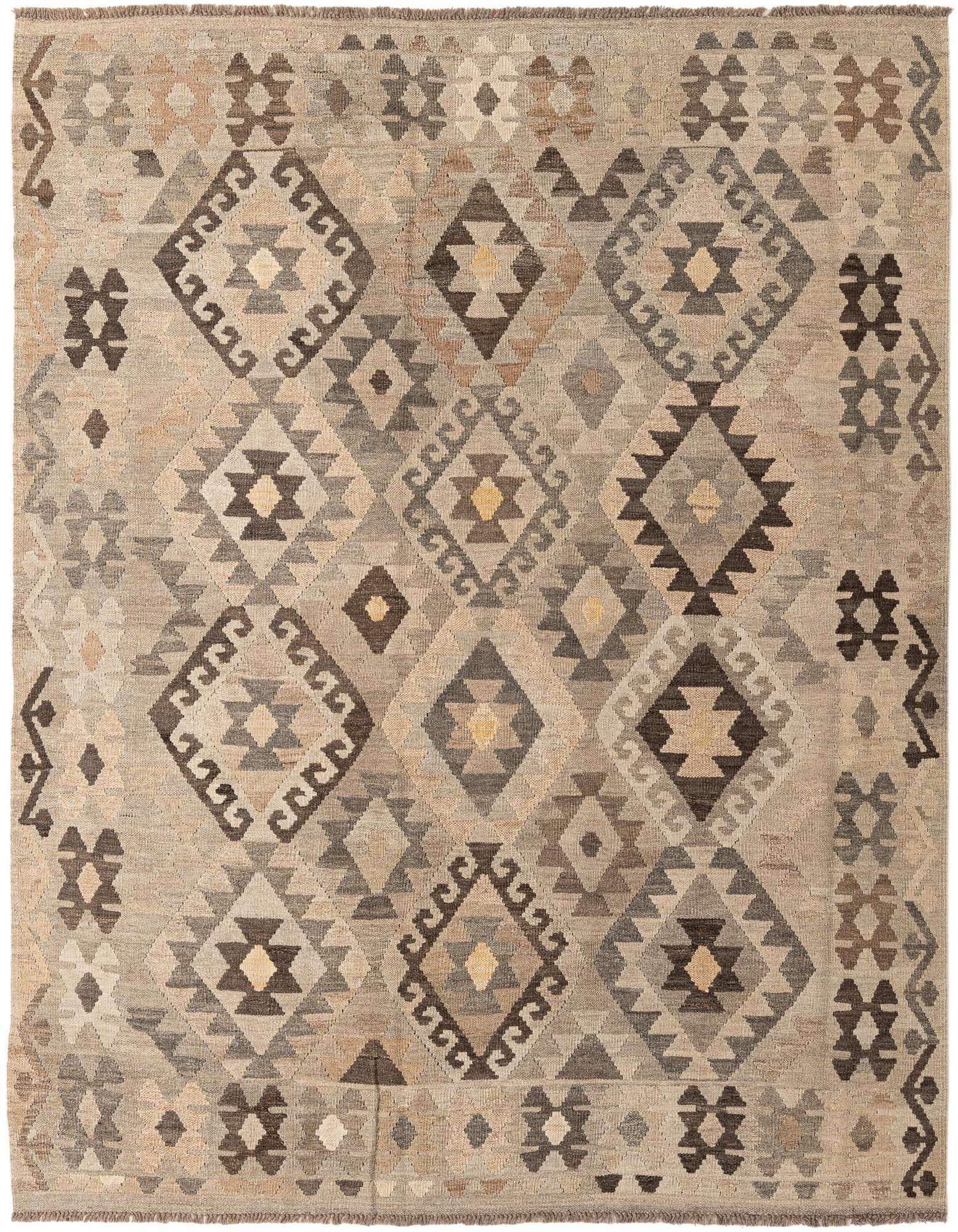 A rectangular 5x8 Kilim Maymana tribal rug in shades of gray and silver, featuring geometric patterns.
