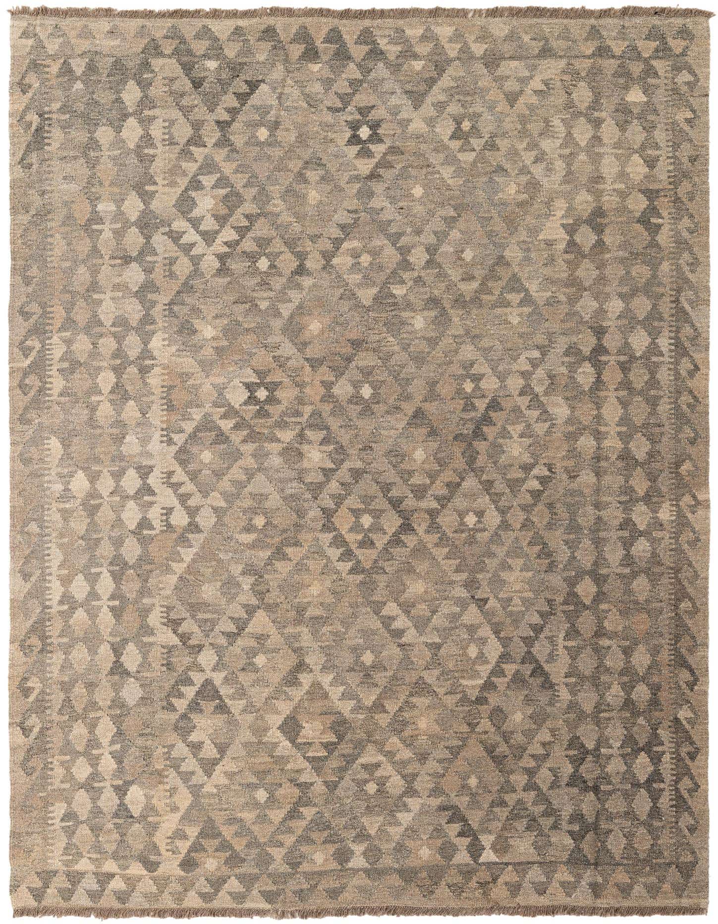 A 6x9 rectangular flatweave rug featuring a tribal geometric pattern in varying shades of gray and silver.