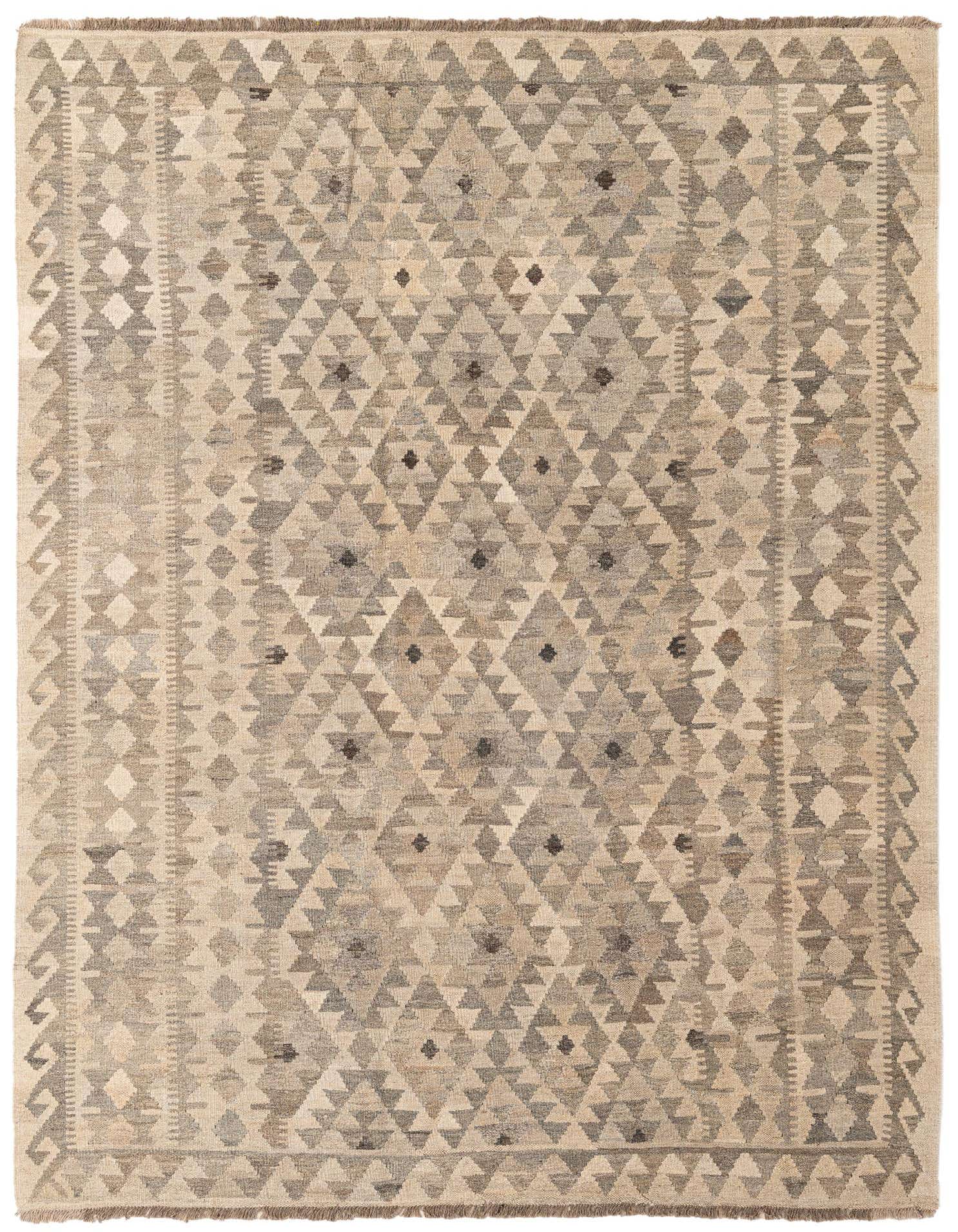 A 6x9 rectangular Kilim Maymana rug with a tribal geometric pattern in shades of gray and silver, handmade from wool.