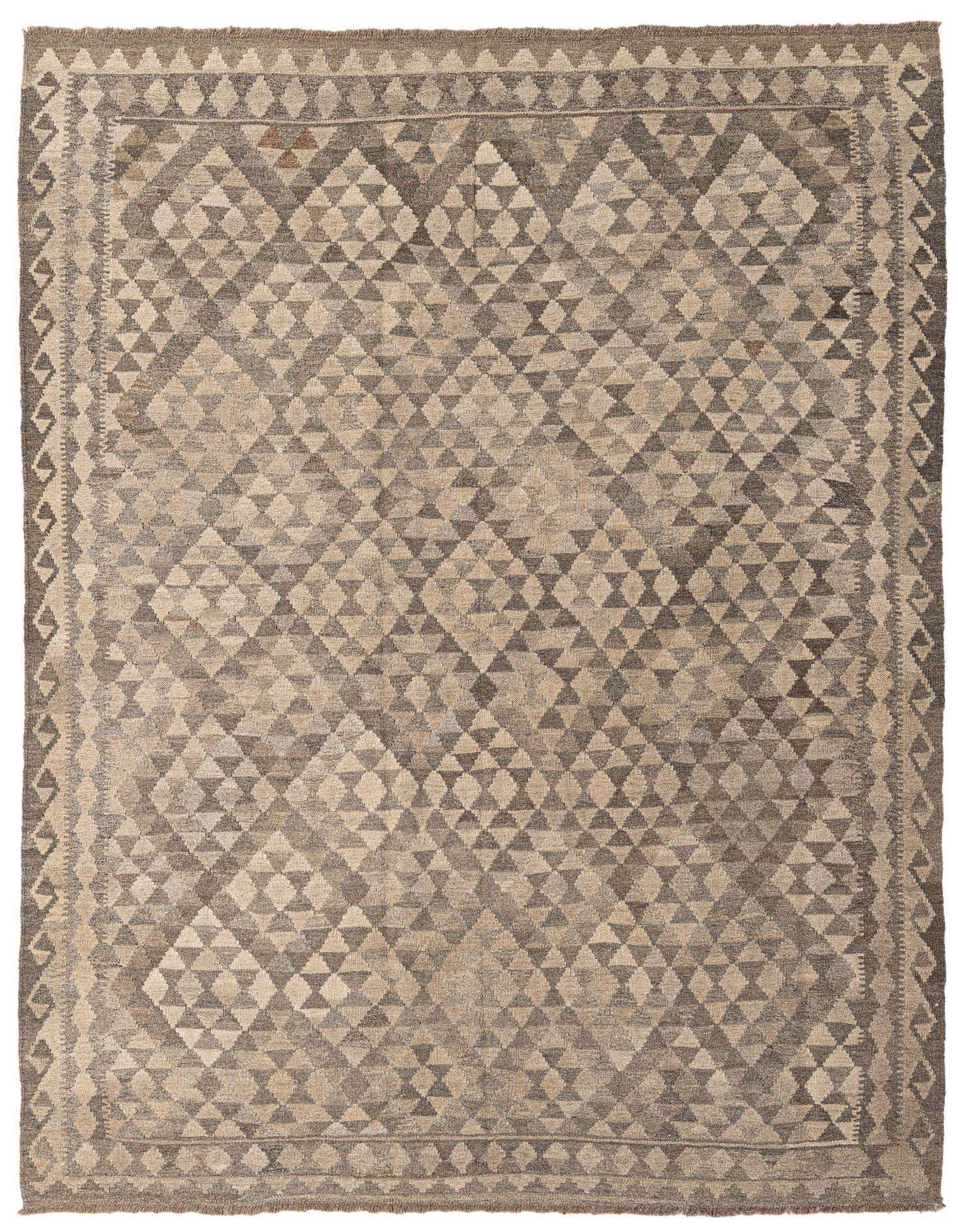 A 5x8 rectangular Kilim Maymana rug featuring a tribal geometric pattern in varying shades of gray and silver.