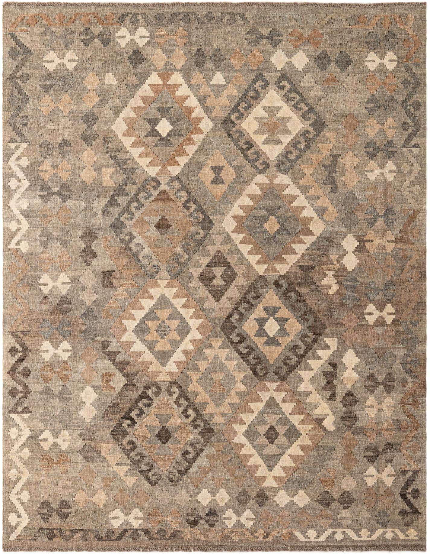 A 6x9 rectangular Kilim Maymana rug with a tribal geometric pattern in shades of gray, silver, and beige.