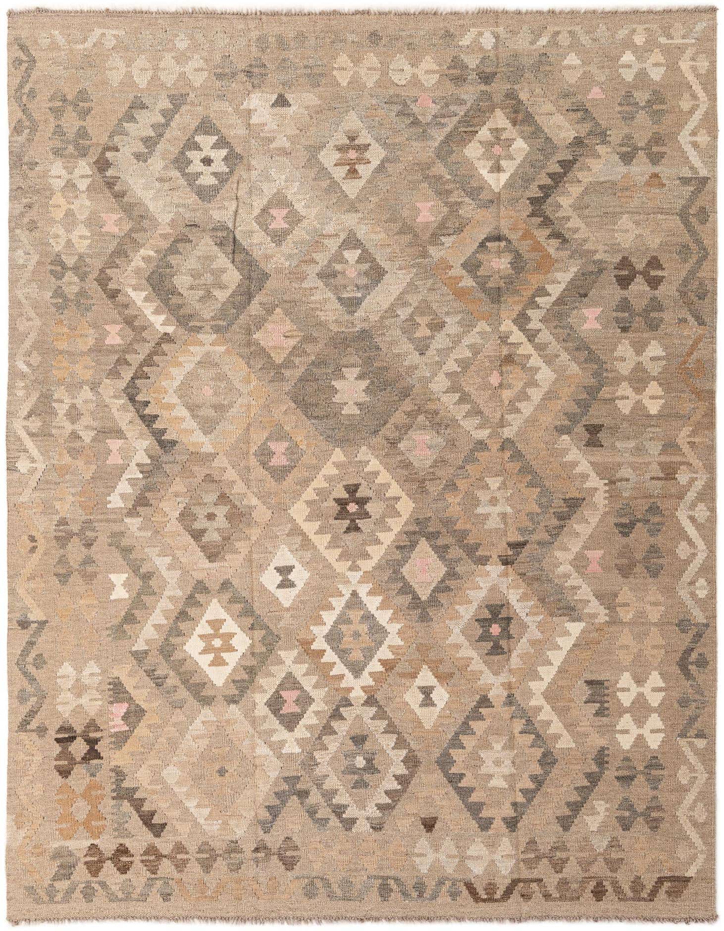 A 5x8 rectangular Kilim Maymana rug with a tribal geometric pattern in various shades of gray, silver, beige, and subtle pink.