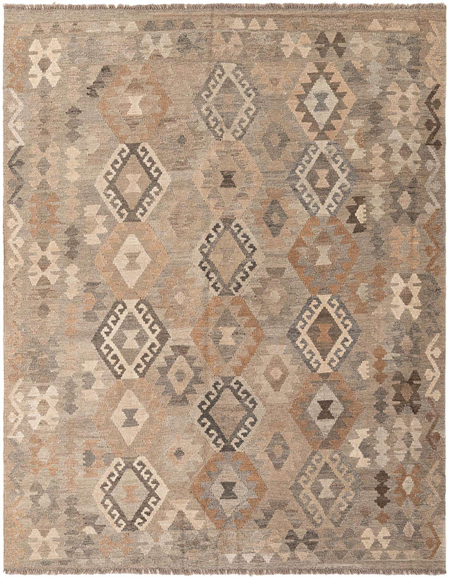 A 6x9 rectangular Kilim Maymana rug featuring a tribal geometric pattern in various shades of gray, silver, and warm beige, suitable for a living room.