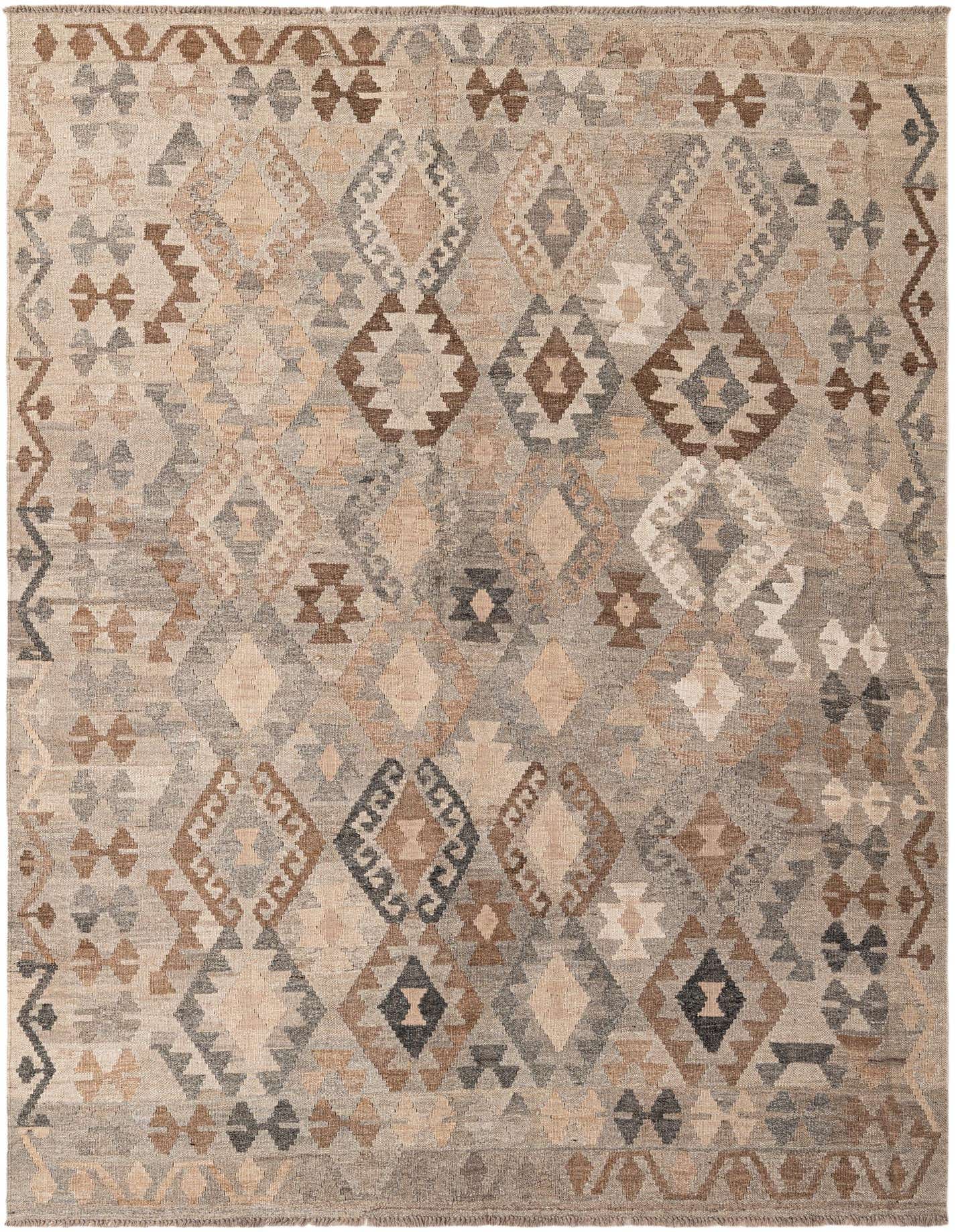 A 6x9 rectangular Kilim Maymana rug by Rugs.com, featuring tribal and modern patterns in shades of gray, silver, brown, and beige, perfect for a living room.